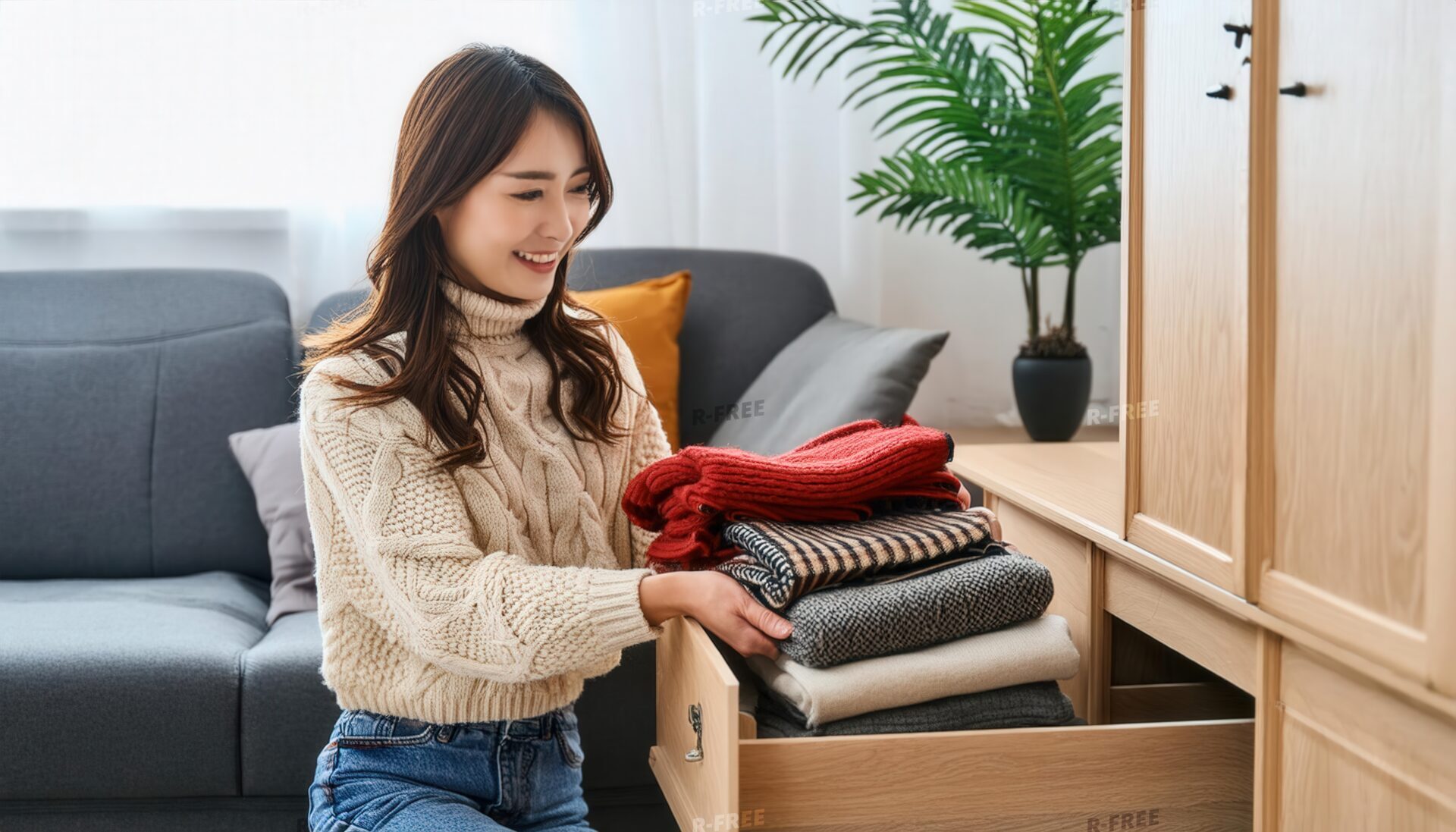 冬支度をする女性