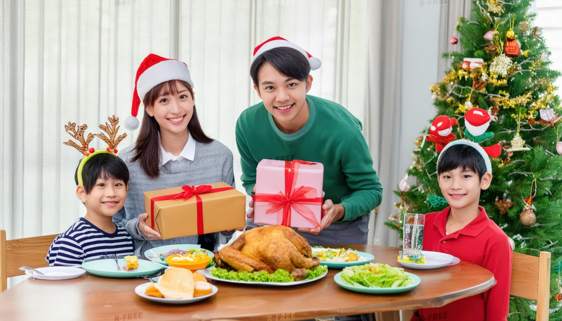 家族がクリスマスディナーを囲む（プレゼントと笑顔）