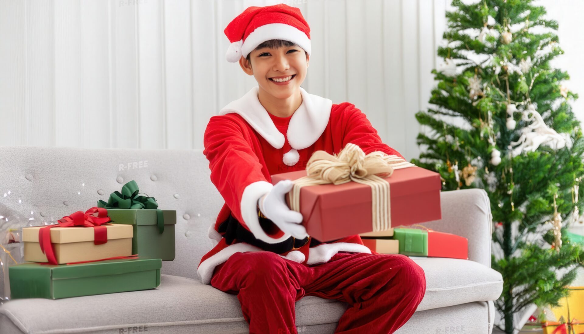 サンタ衣装の男性がクリスマスツリーの前でプレゼントを渡す