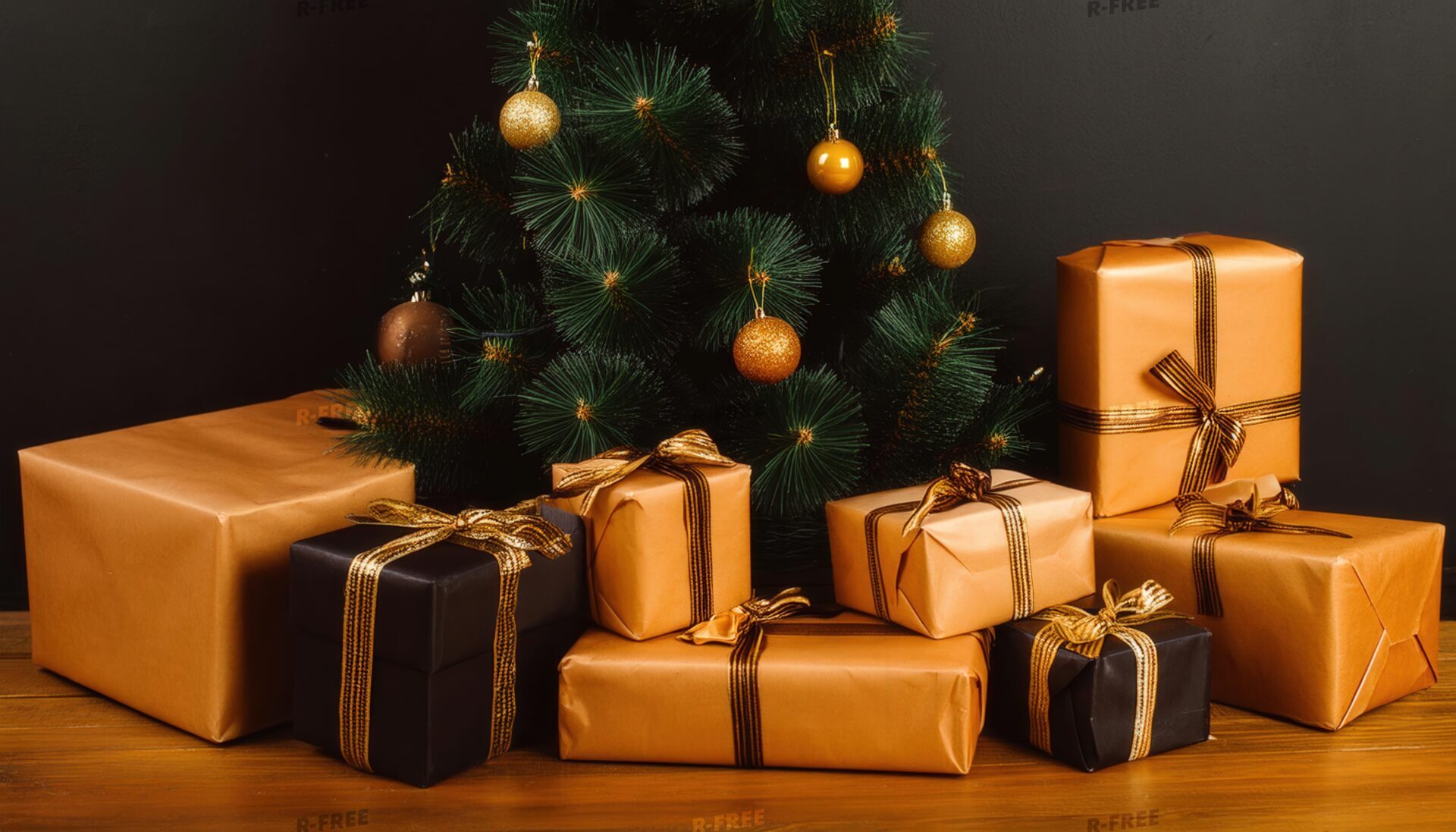 クリスマスツリーとゴールドラッピングのプレゼント