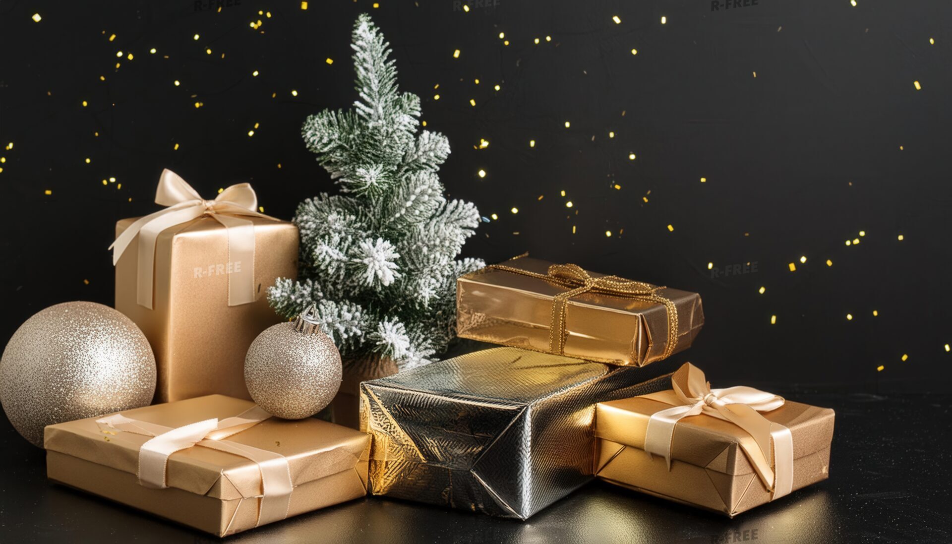 小さなクリスマスツリーとゴールドのギフト