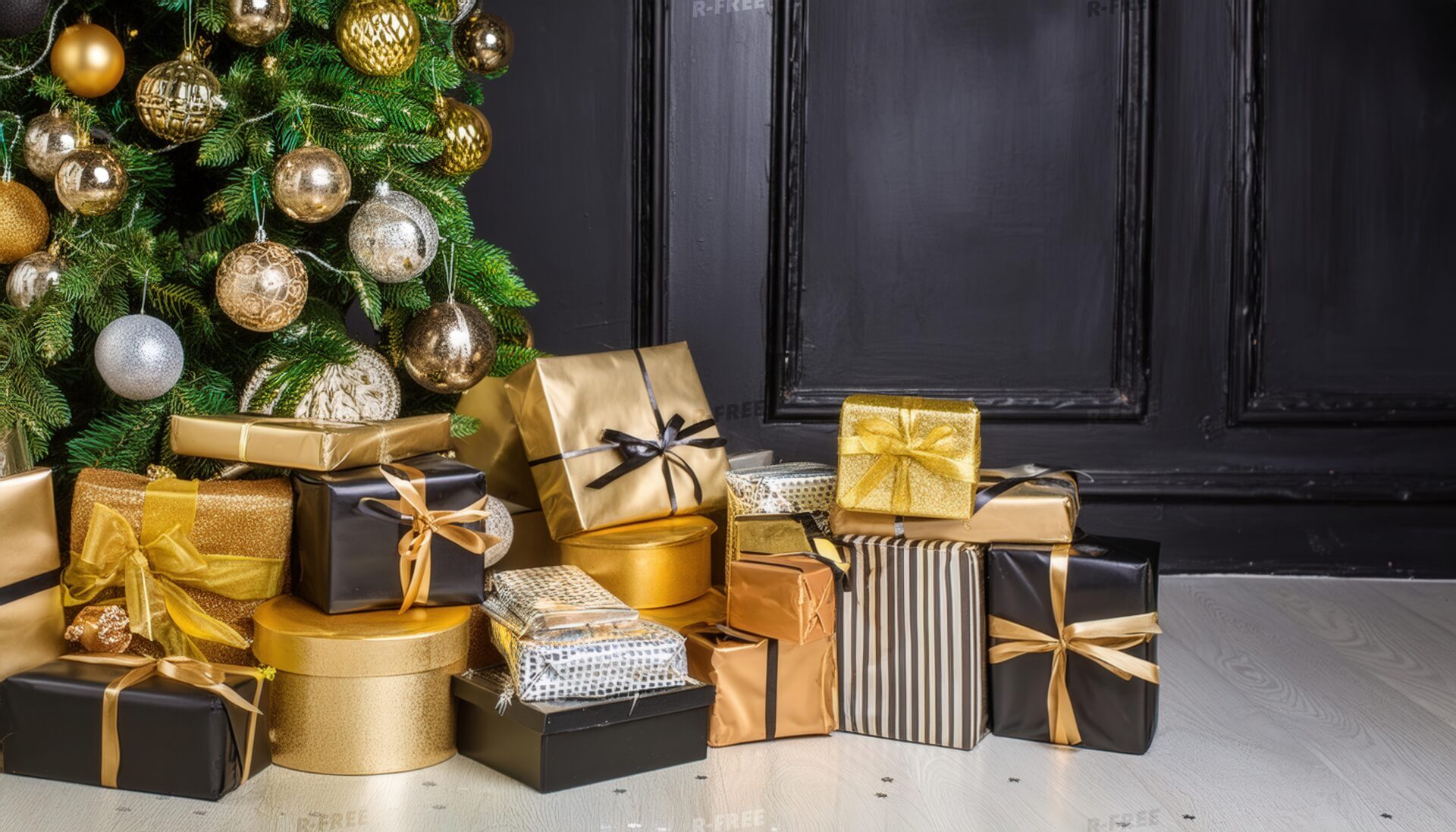 黒背景に並べられたクリスマスギフト
