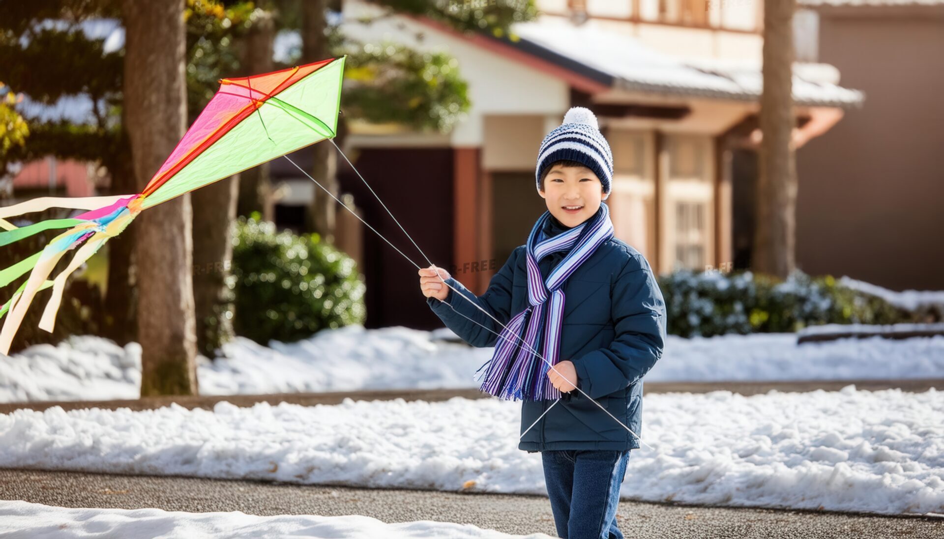 雪景色の中で凧を持つ子供