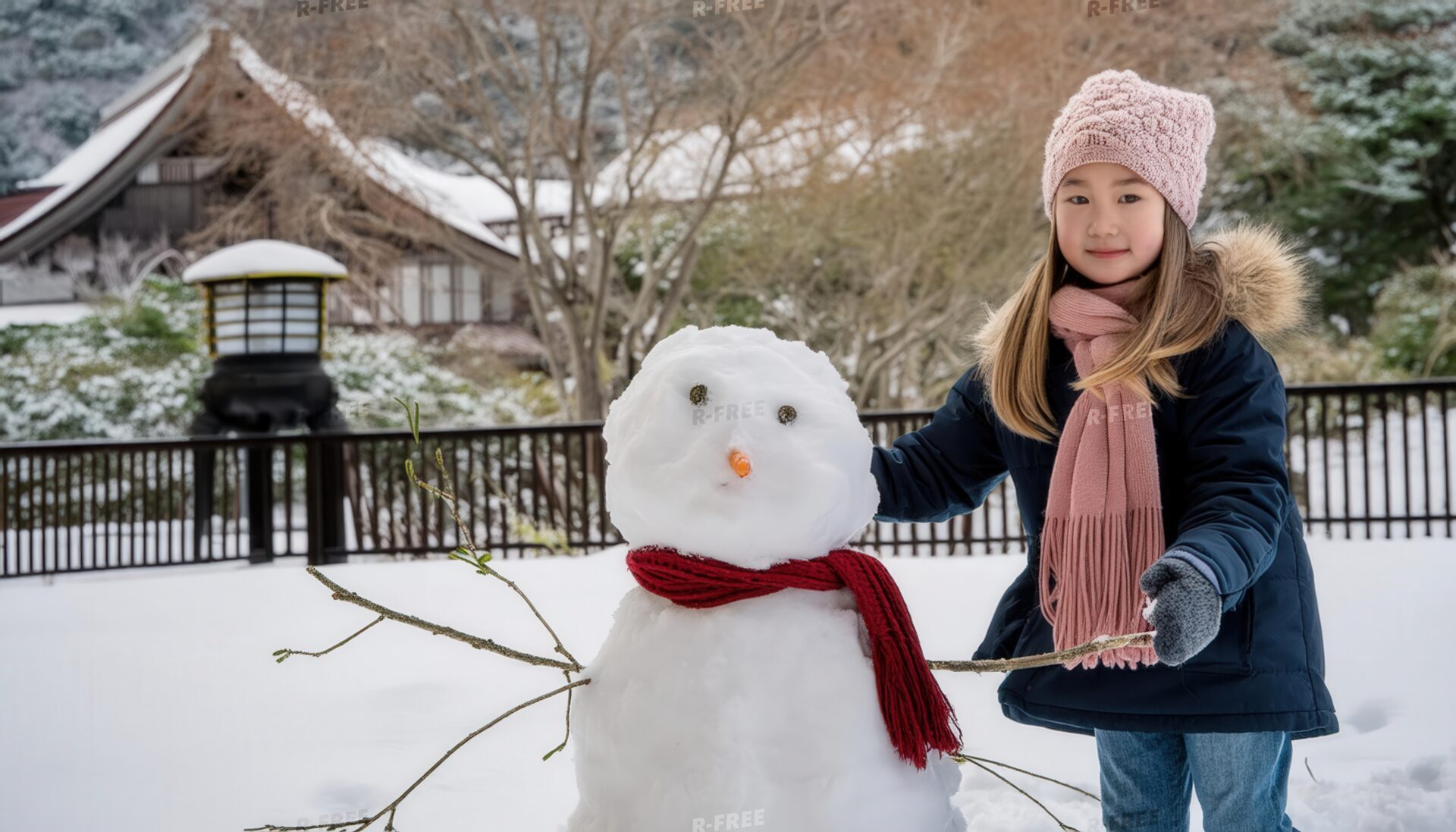 雪だるまと微笑む少女