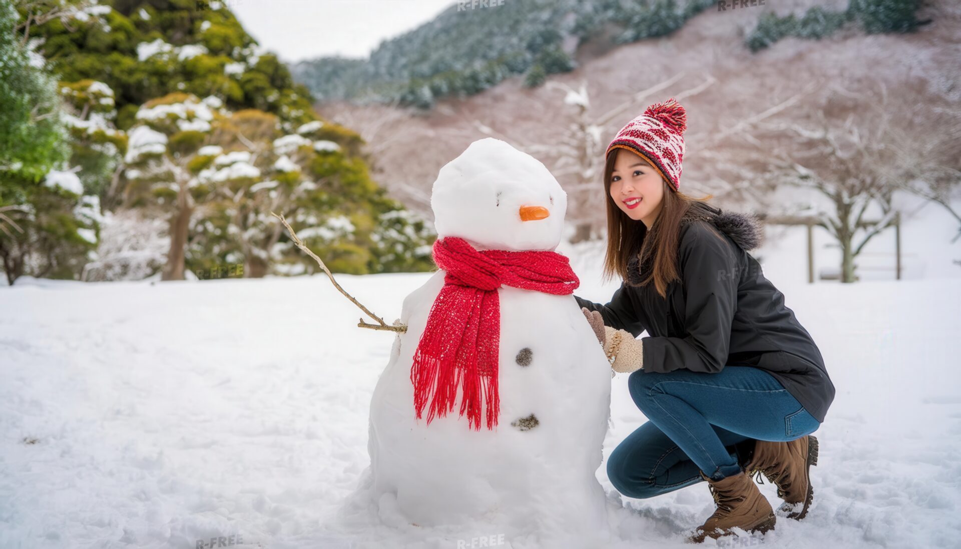 雪だるまと大人の女性の記念写真