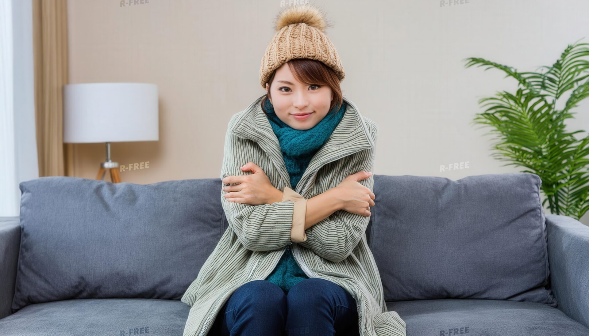 冬のコートを着て暖を取る女性