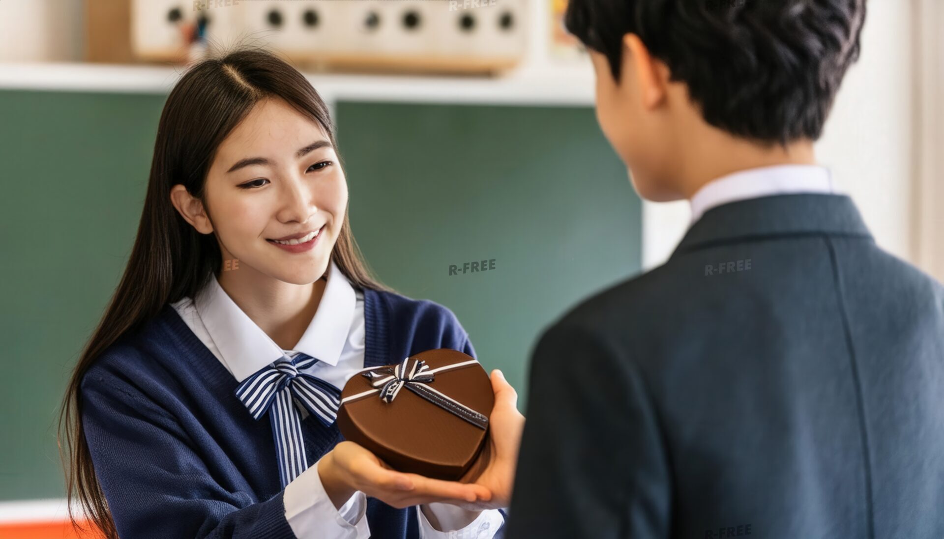 女子学生が男子学生にラッピングされたチョコを渡す