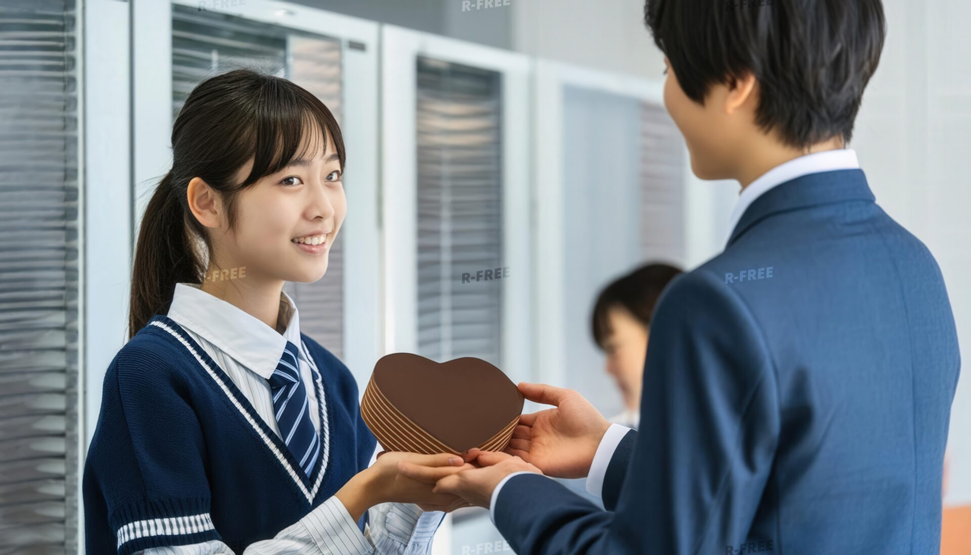 廊下でハート型のチョコレートを受け取る男子学生