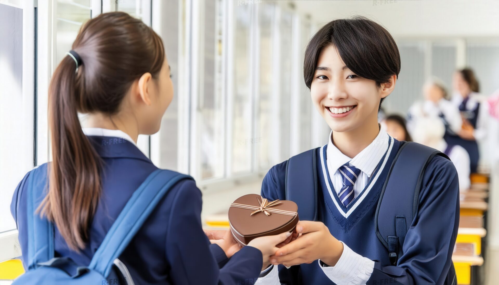 教室で笑顔でチョコレートを交換する男女学生