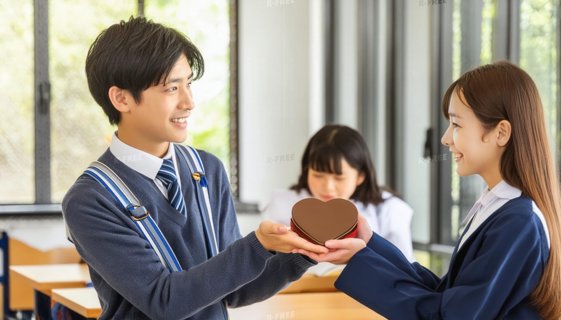 ハート型のギフトを受け取る男子学生
