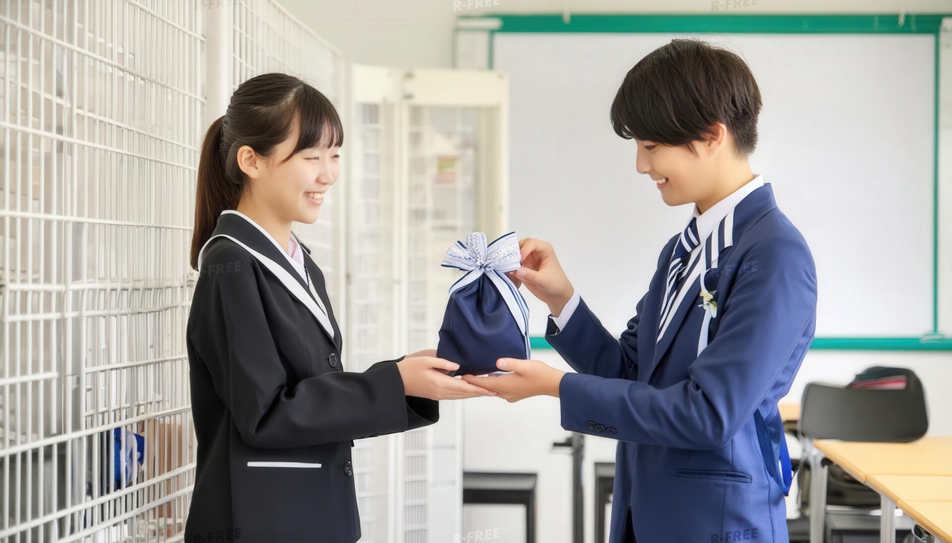 ラッピングされたギフトを渡す制服姿の学生