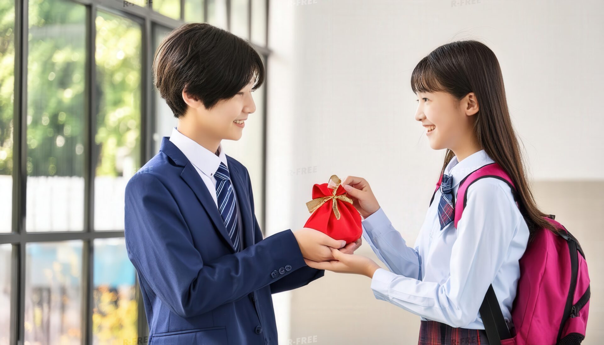 赤いギフトを手渡す女子学生と男子学生