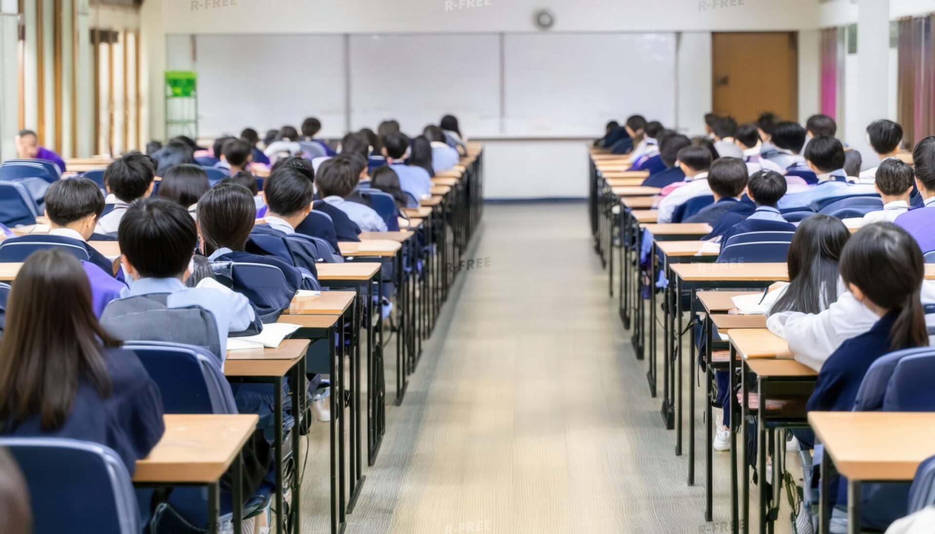 試験中の教室で座る多くの学生
