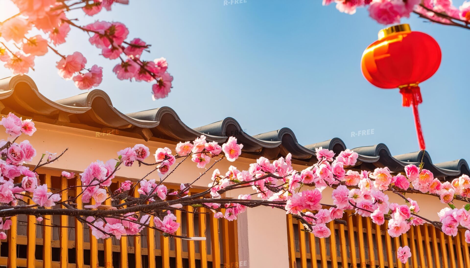 梅の花が咲く家屋と赤い提灯