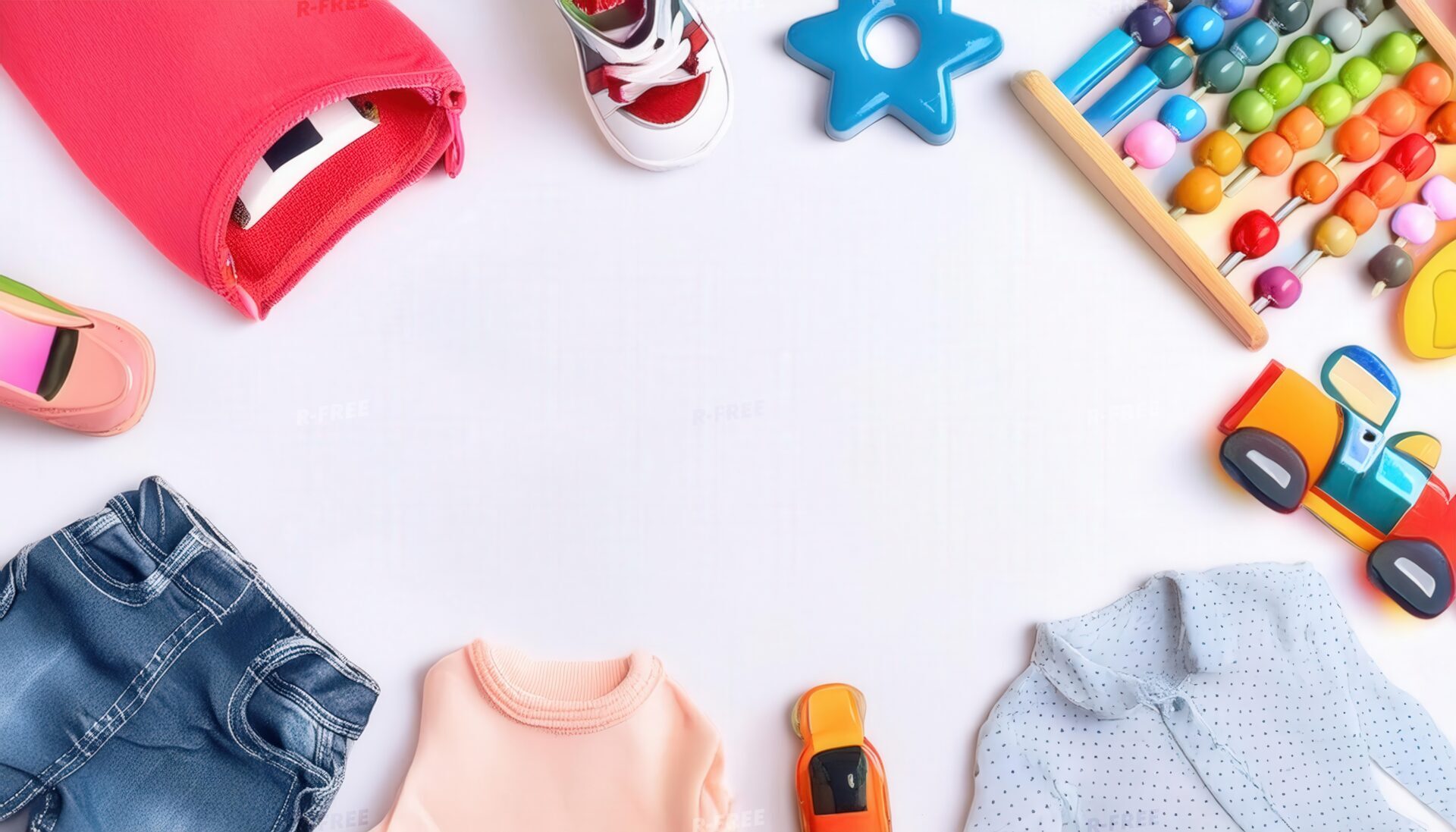 子供服と知育玩具を円状に並べた白背景フラットレイ