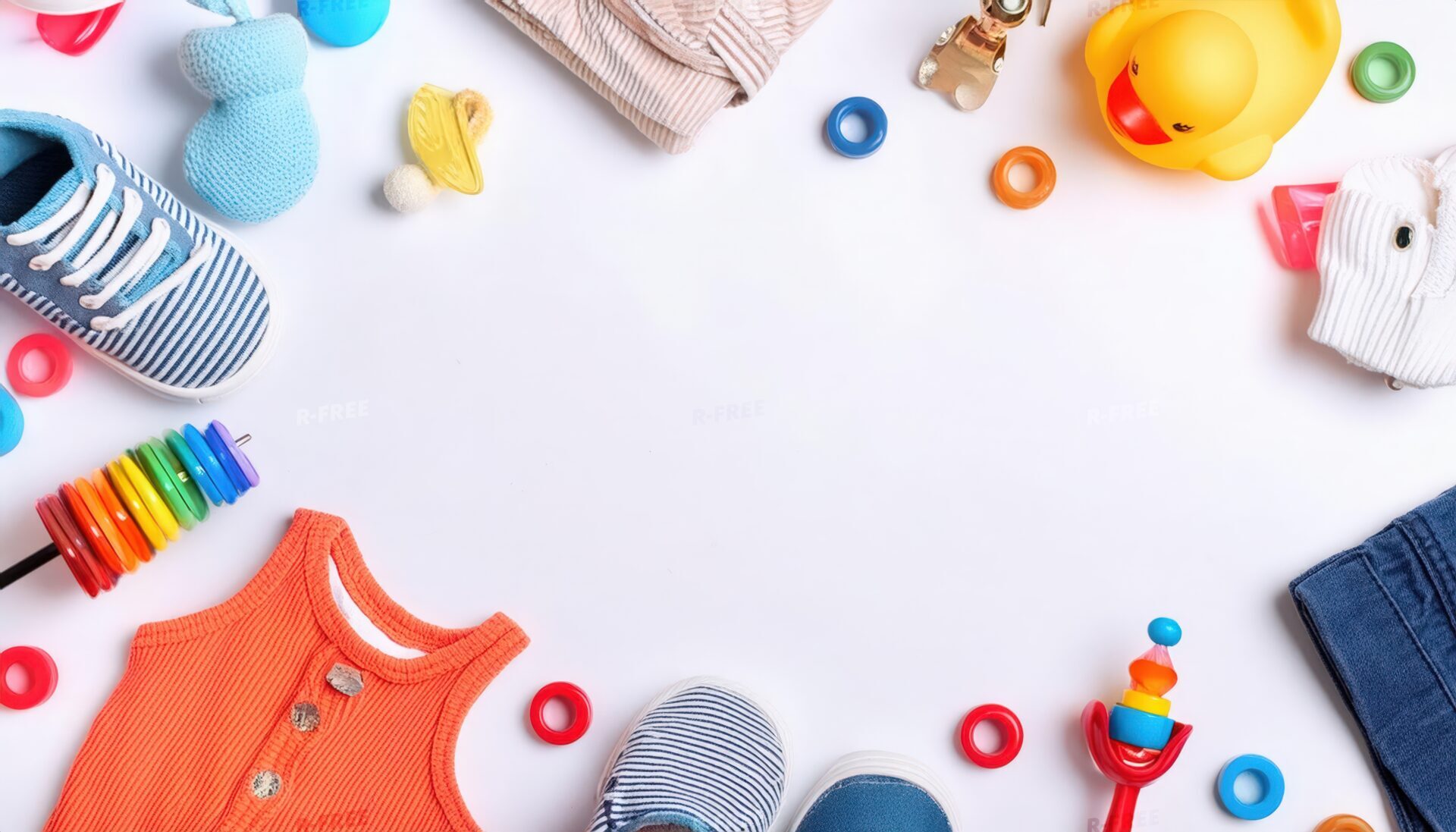 オレンジの子供服と青い靴を囲むベビー用品フラットレイ