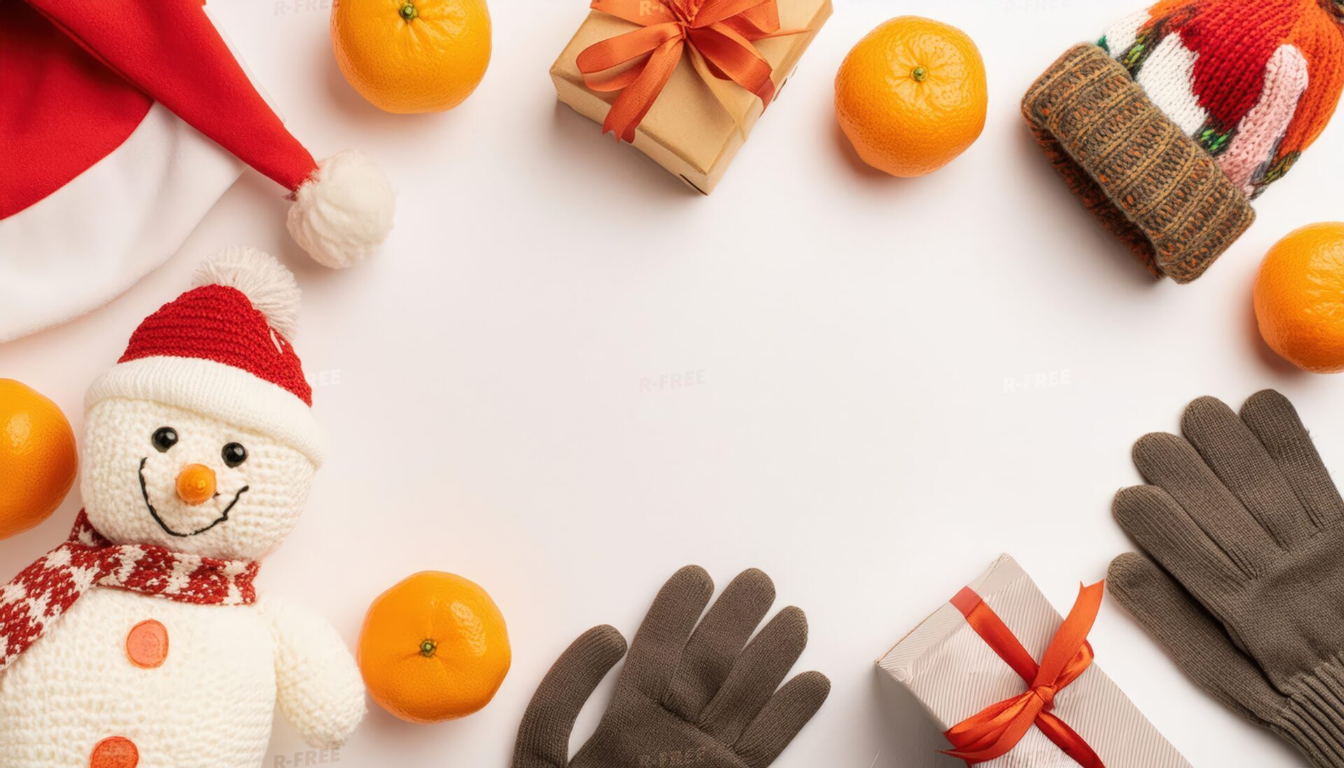 編み物の雪だるまとギフトを囲む冬のクリスマスレイアウト