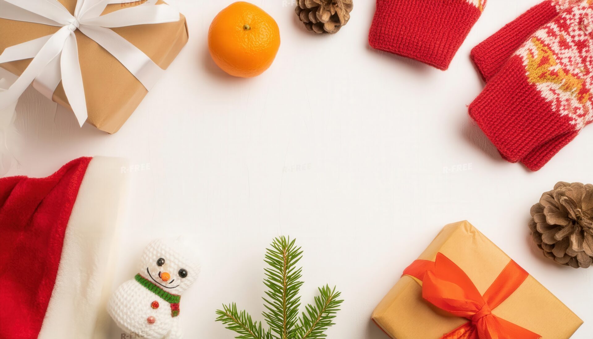 赤い帽子とみかんを囲む冬のクリスマスプレゼントレイアウト