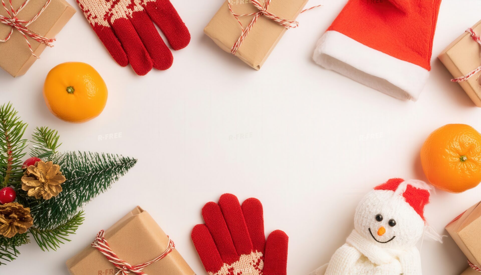 雪だるまとリボン付きギフトを囲む冬のクリスマスレイアウト