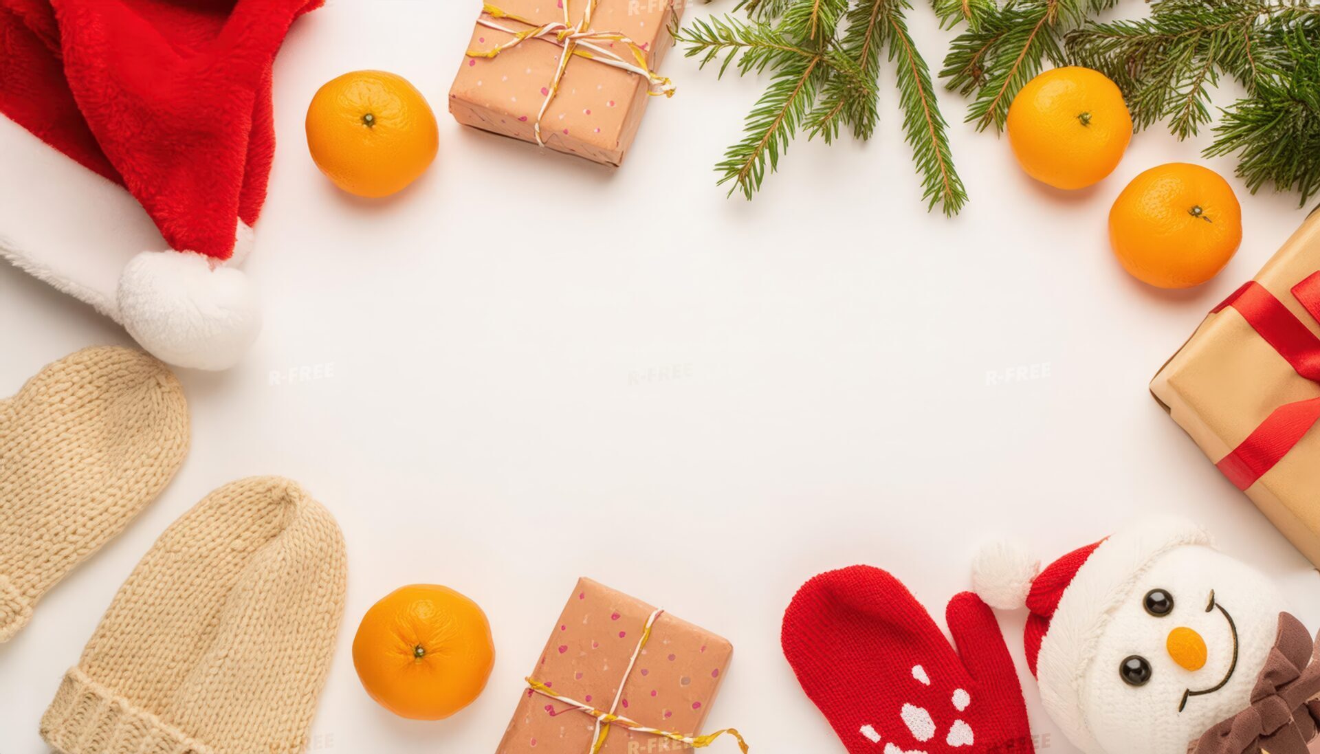 サンタ帽とプレゼントが並ぶクリスマス背景