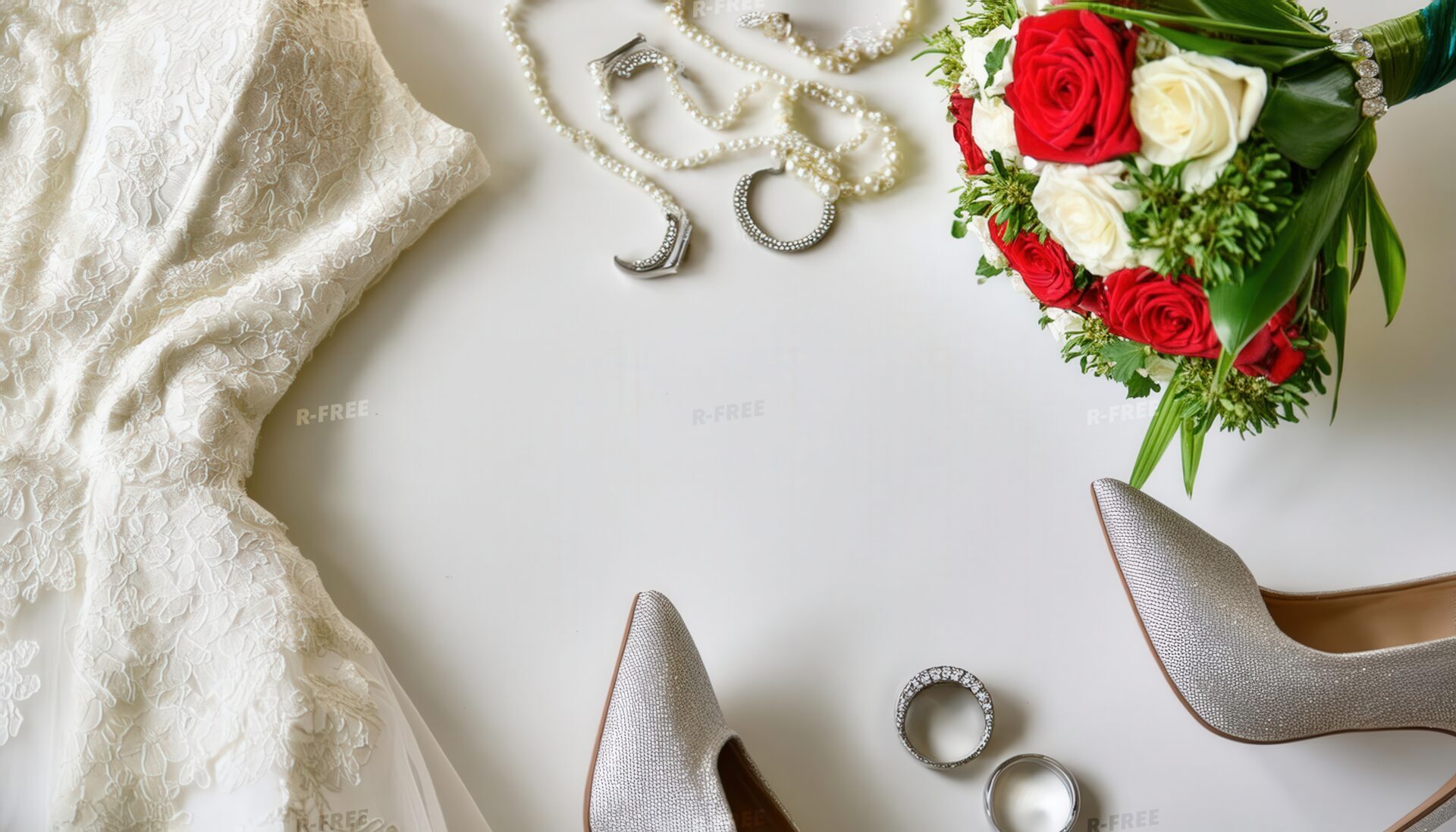 ドレスとバラとリングが飾られた結婚式背景