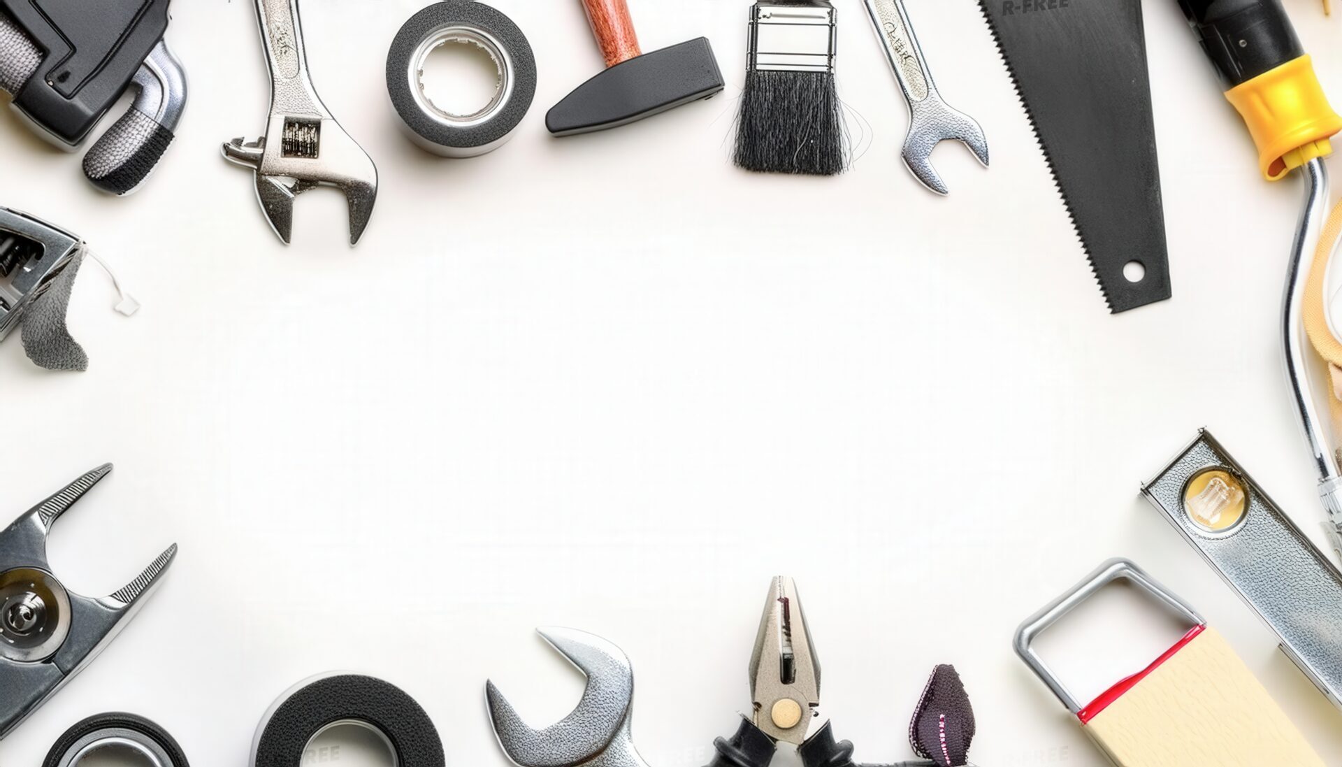 工具と作業用具を囲む多種類のDIY道具と中央の余白