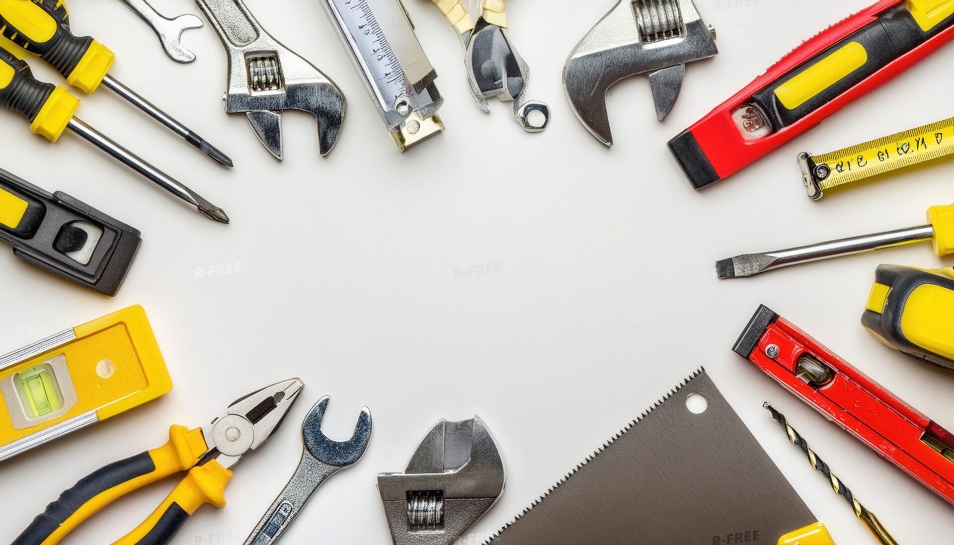 工具と作業用具を囲む黄色や赤のグリップの手工具