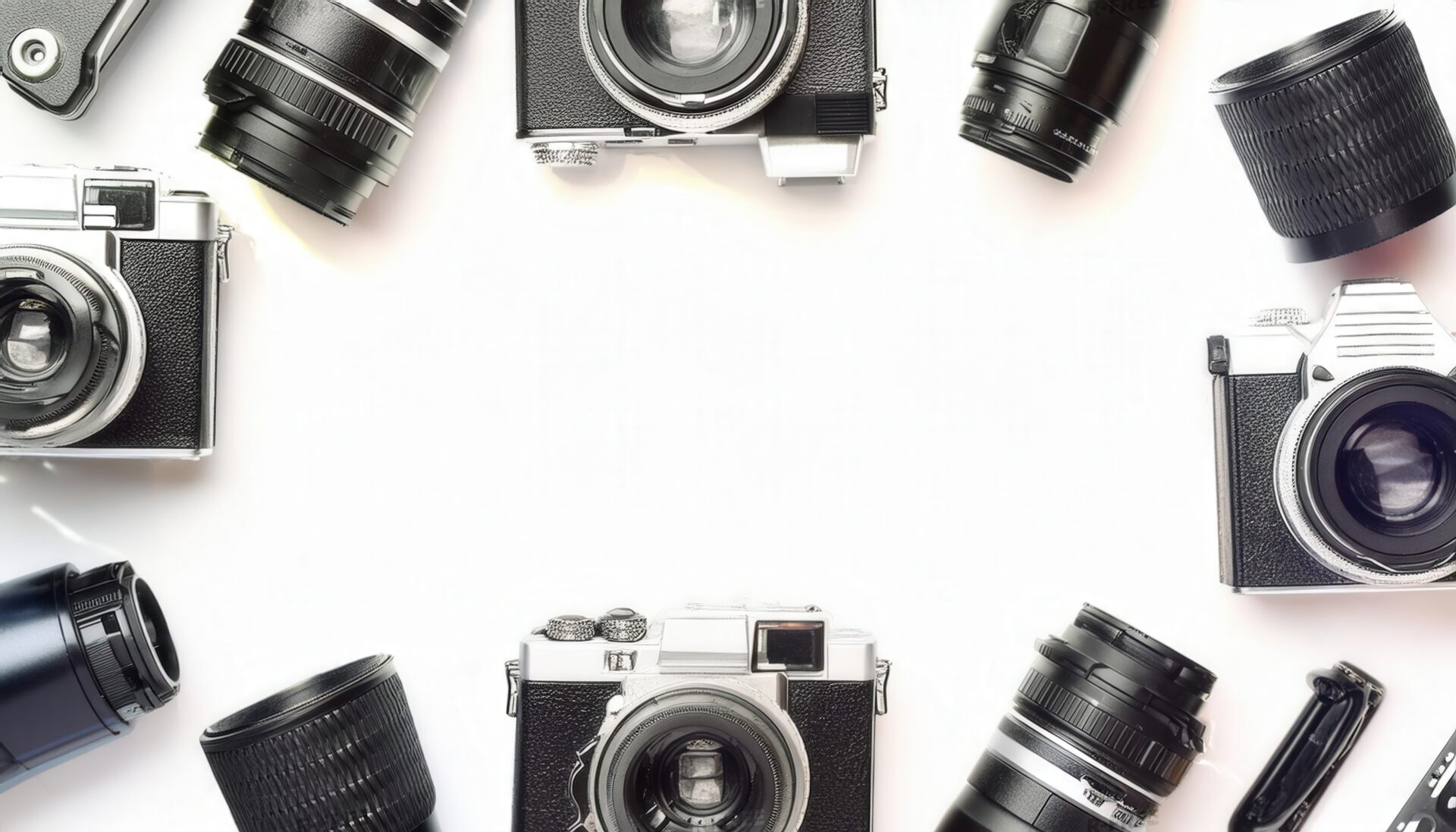 フィルムカメラと望遠レンズを囲む白背景の構図