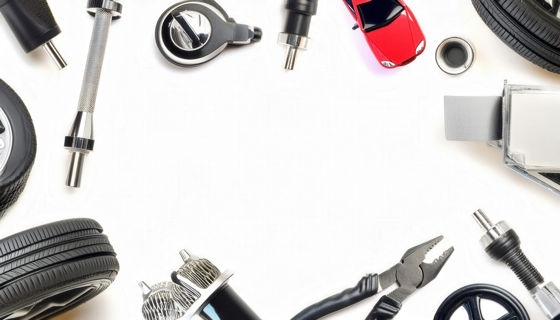 赤い車と自動車部品の白背景アレンジ