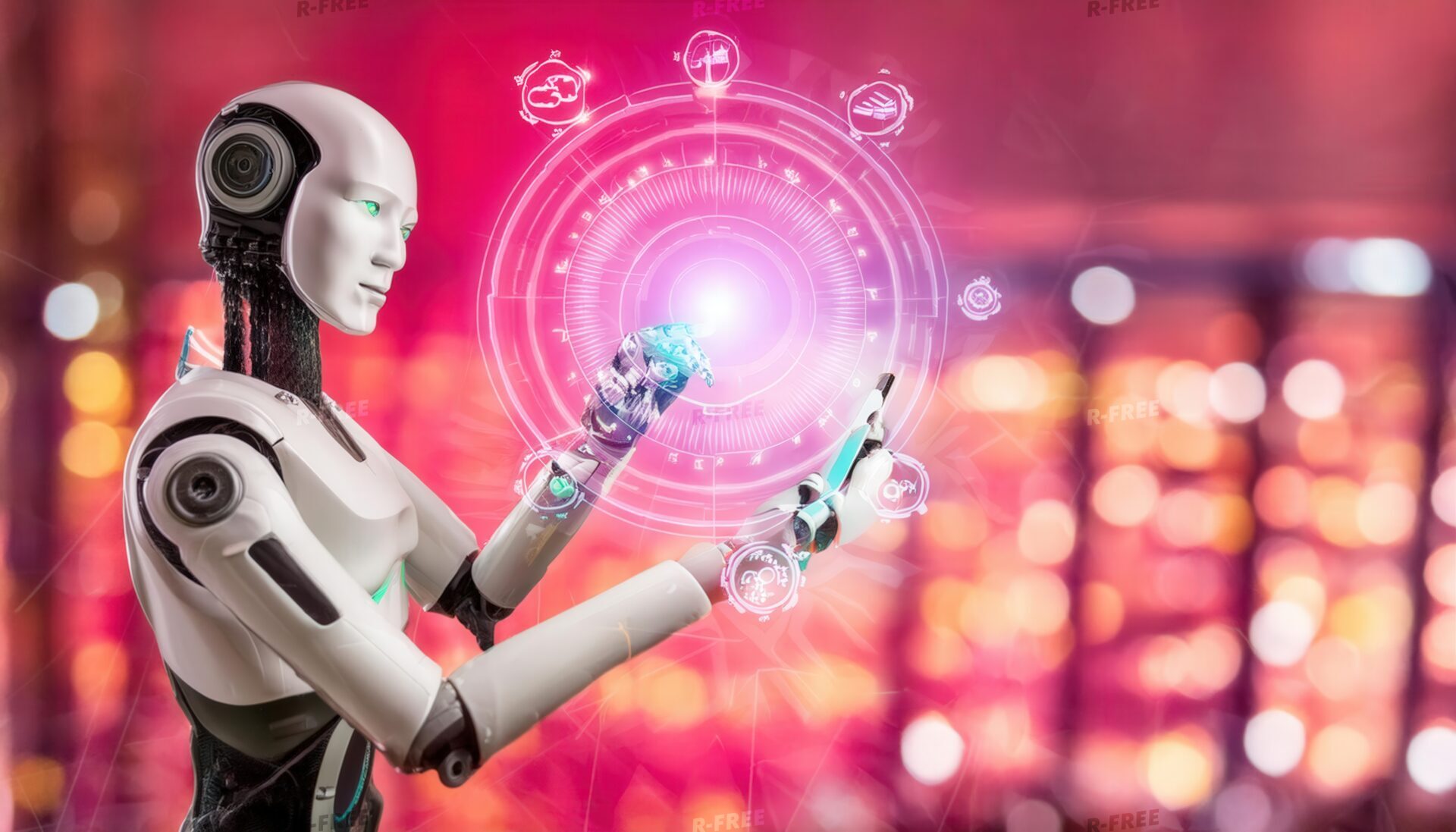 ピンクの背景の未来的ロボット