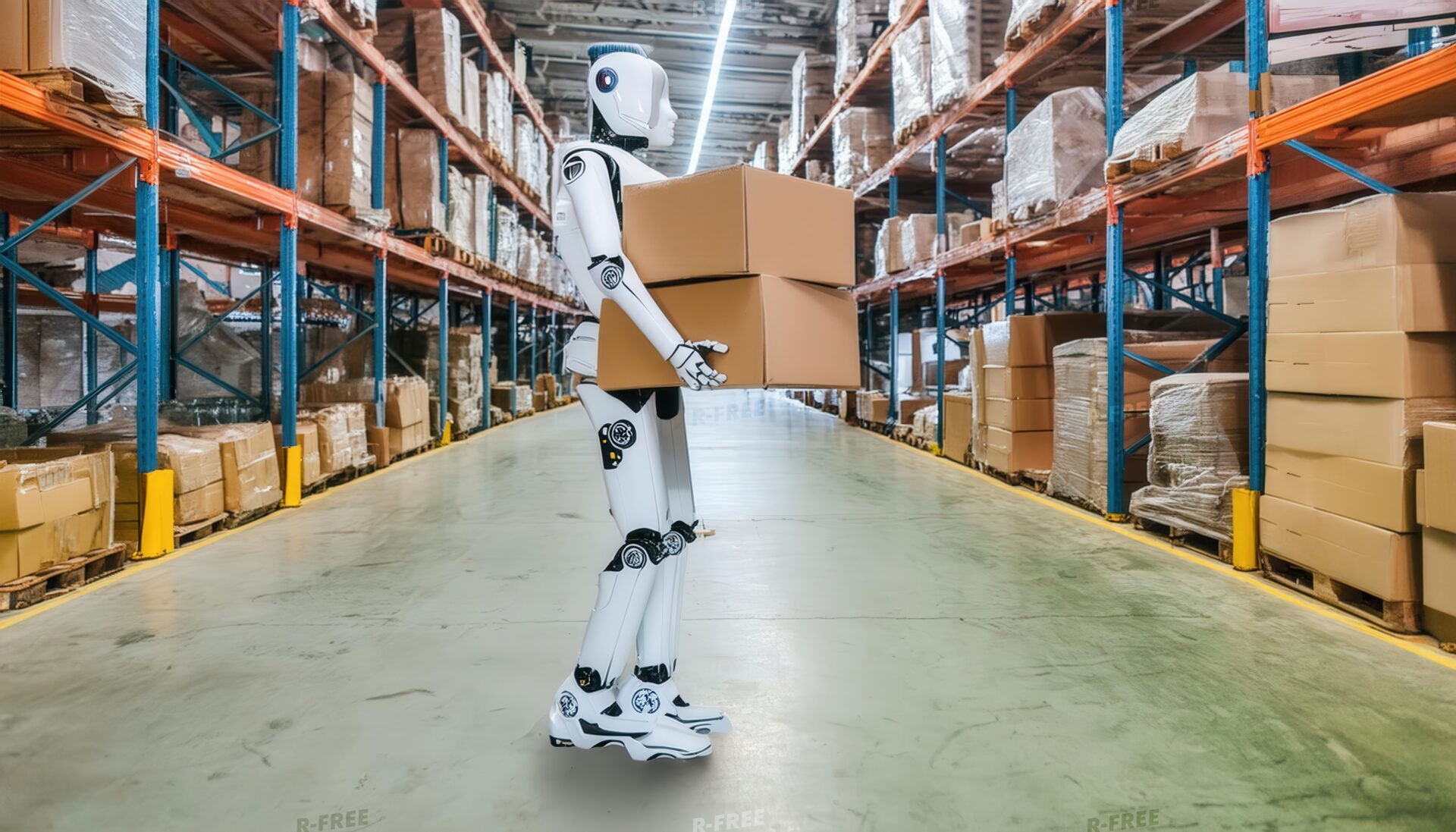 倉庫で荷物を運ぶロボット（横から）