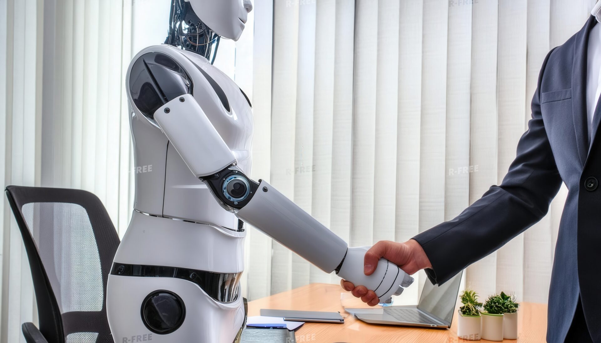 ロボットと人間が握手するオフィスの風景