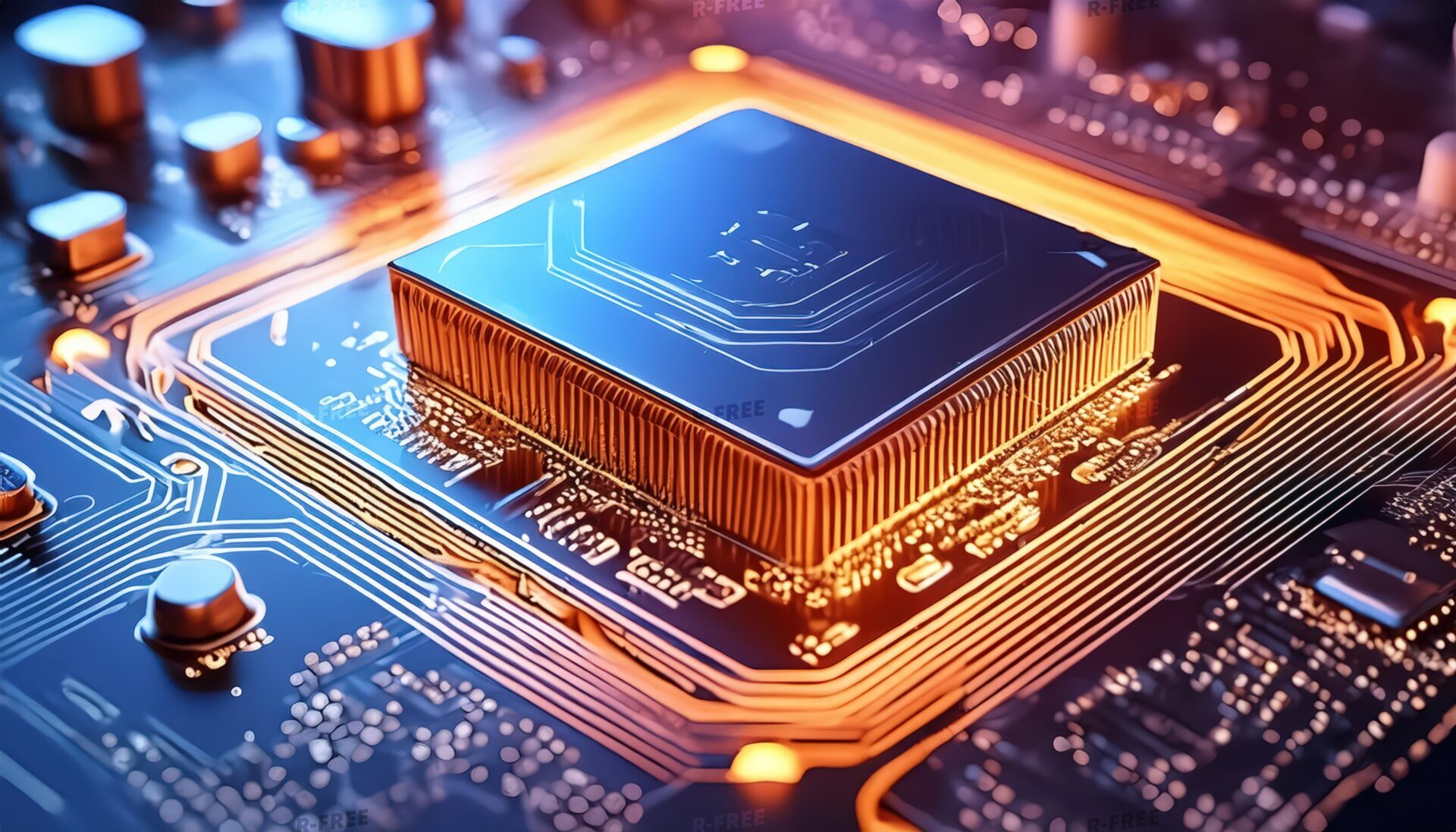 鮮やかな青とオレンジに照らされたマイクロチップと基板のクローズアップ