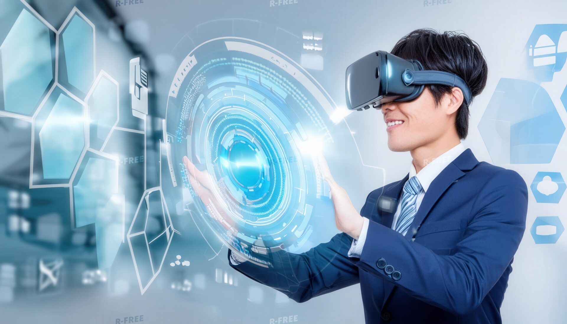 VRゴーグルを装着して未来的なインターフェースを操作するビジネスマン