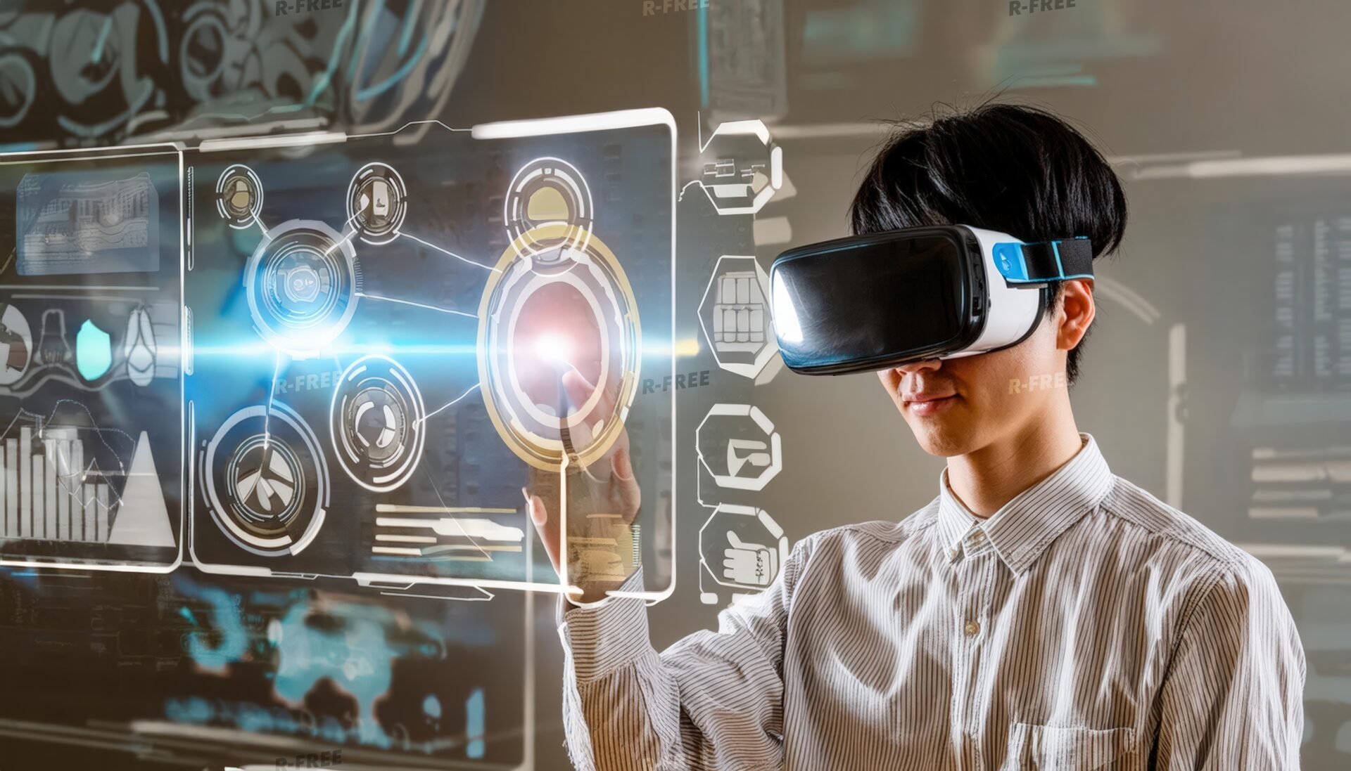 VRゴーグルを着用して未来的なパネルを操作する男性