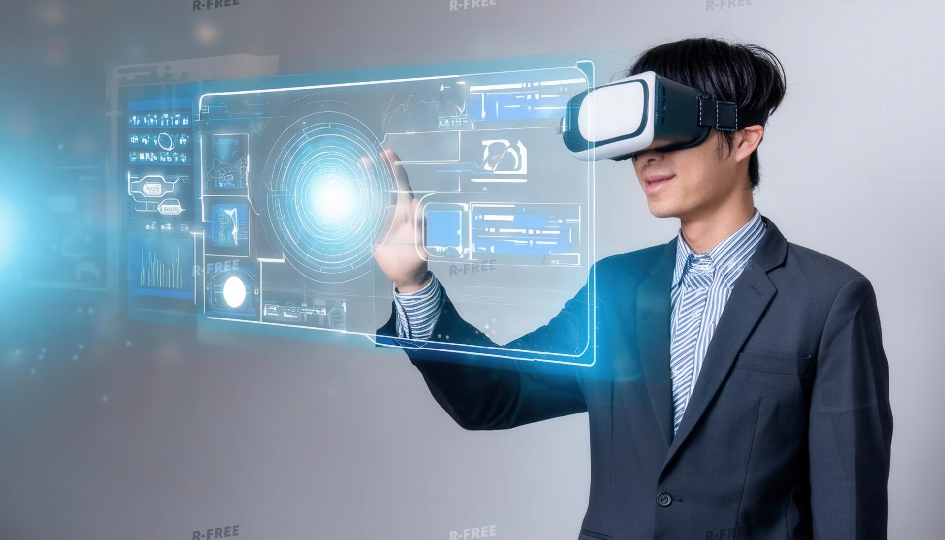 VRゴーグルを装着してデジタルスクリーンに触れるビジネスマン