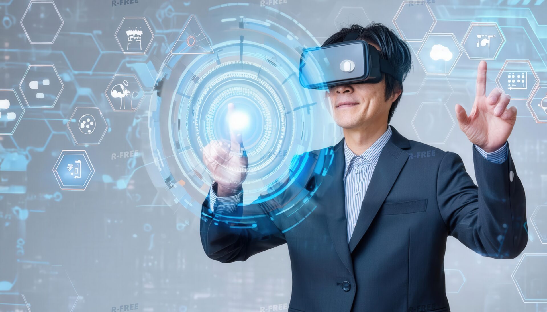 未来的なUIを操作するVRゴーグルをつけた男性