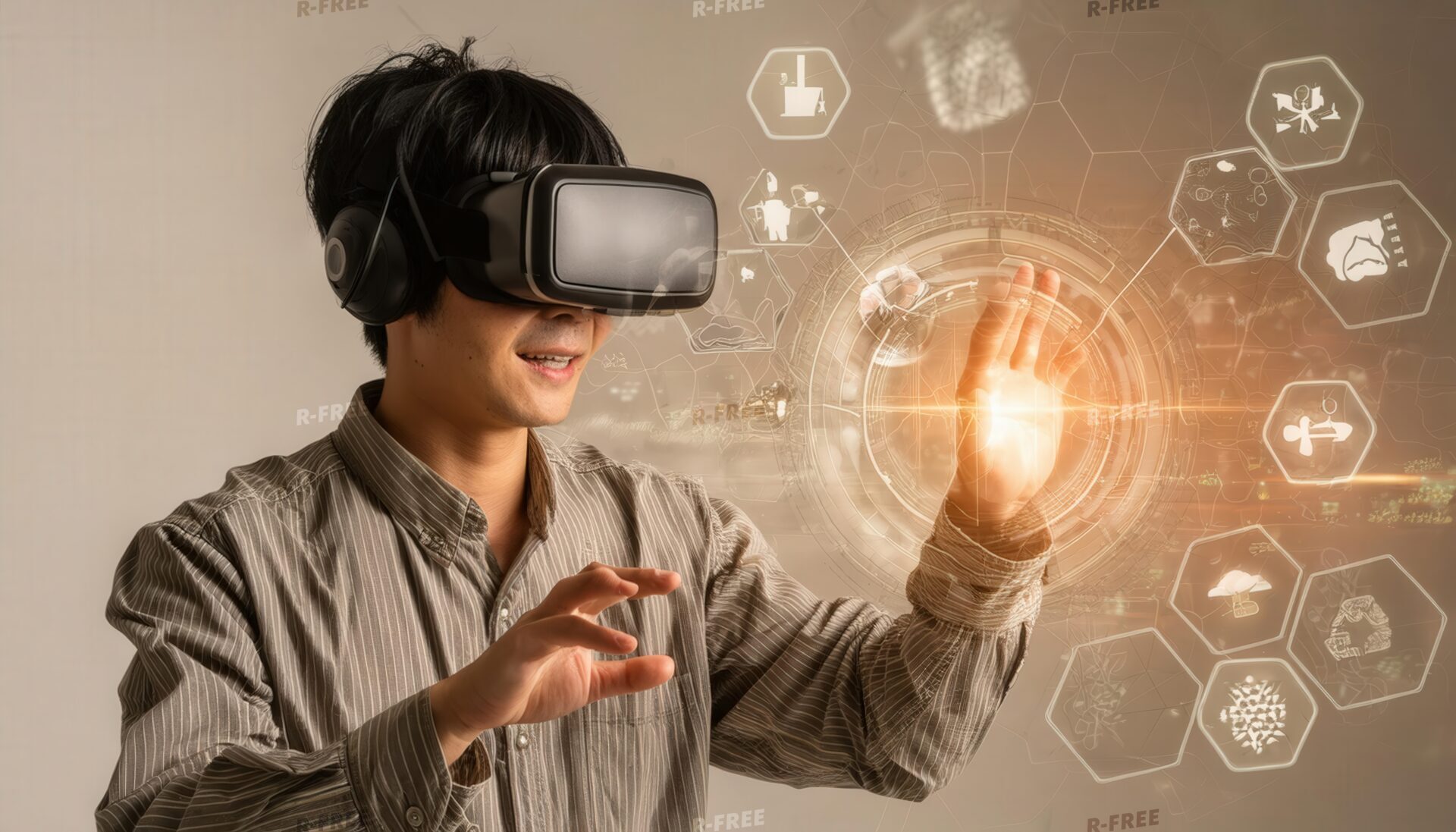 VRゴーグルを着用し、未来的なインターフェースを操作する男性