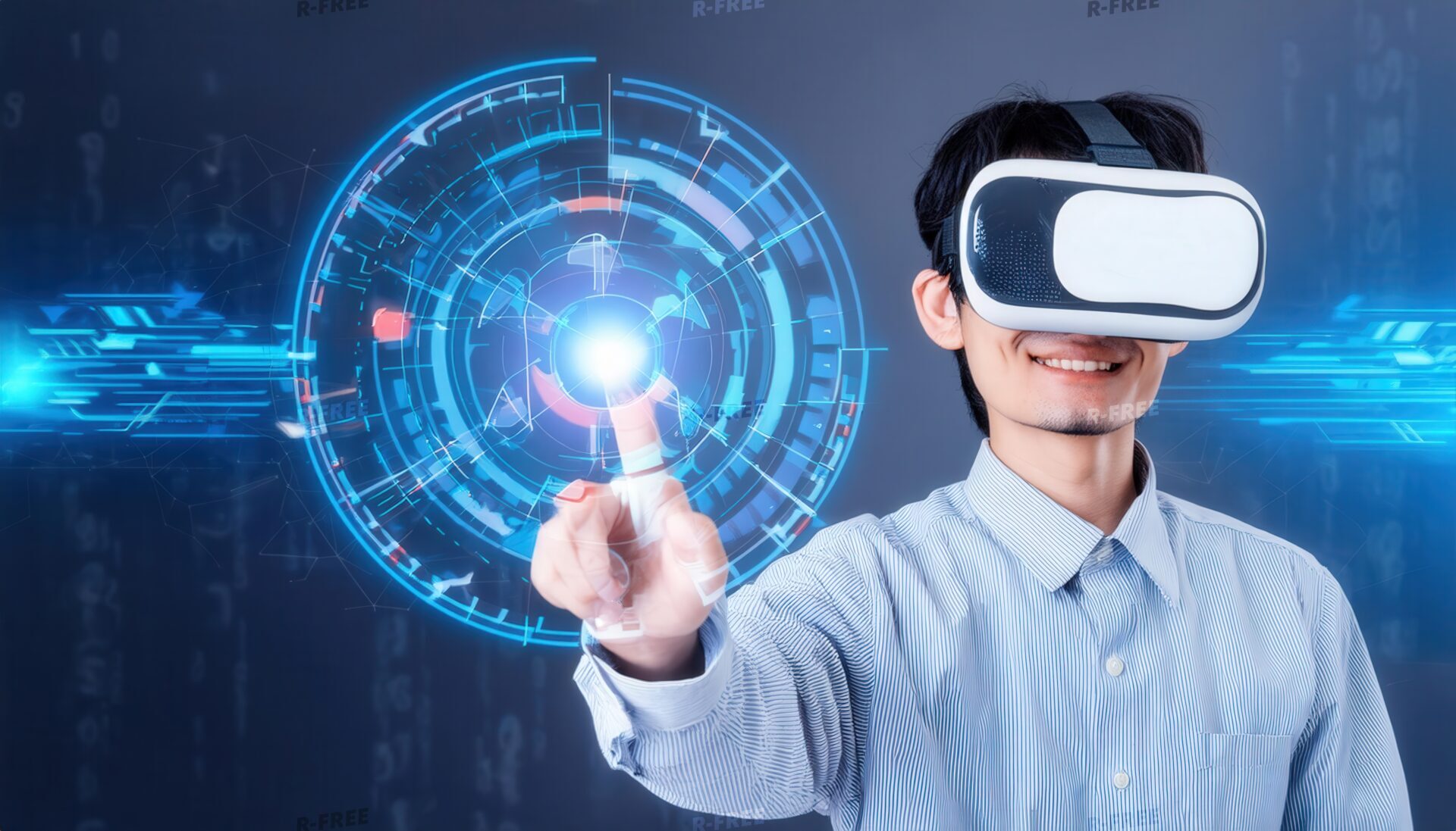 VRゴーグルを装着して仮想空間を体験する男性