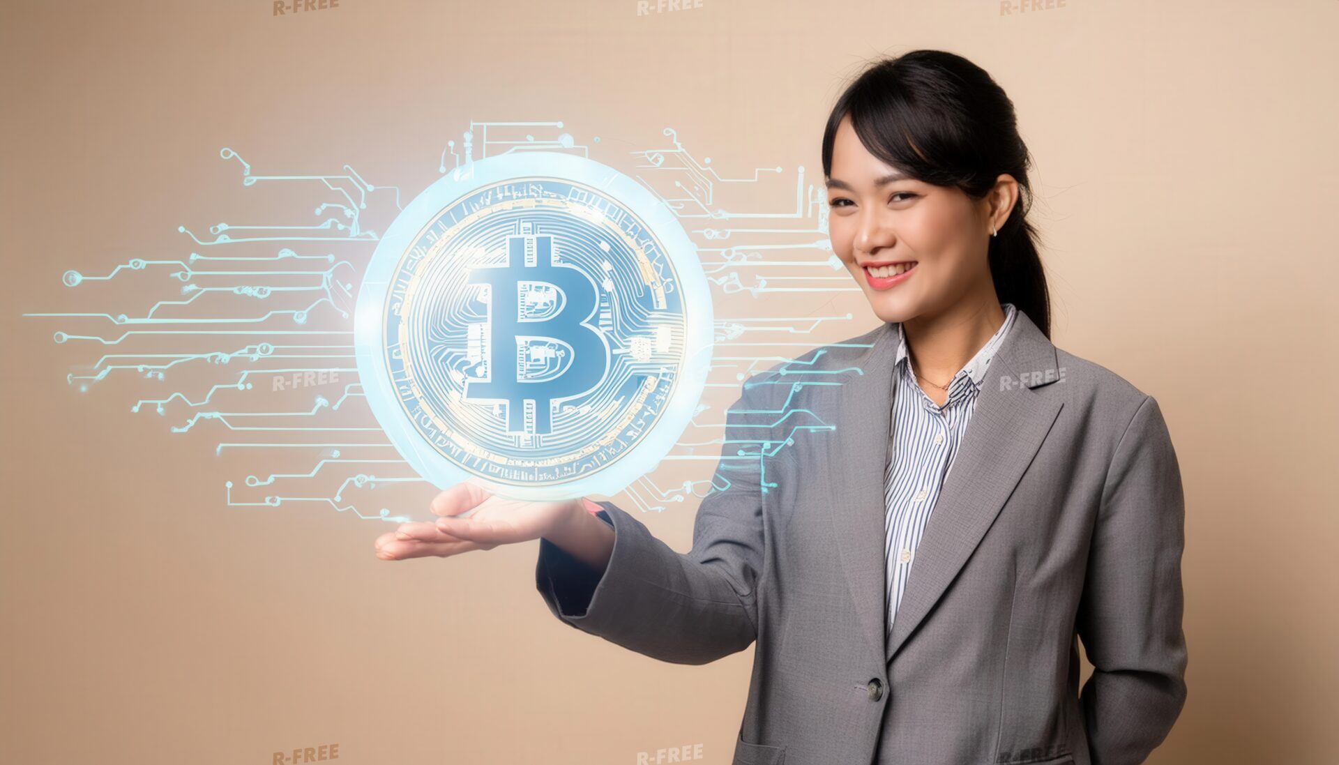 ビットコインを手のひらに浮かべるスーツの女性