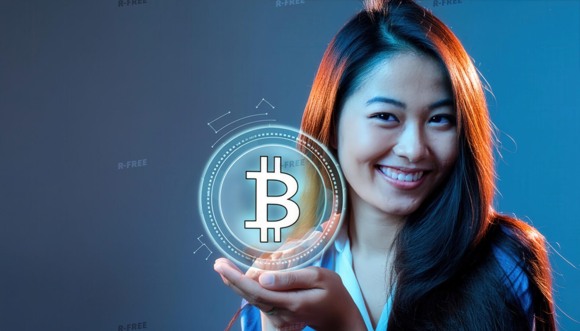 青い背景でビットコインを手のひらに乗せる女性