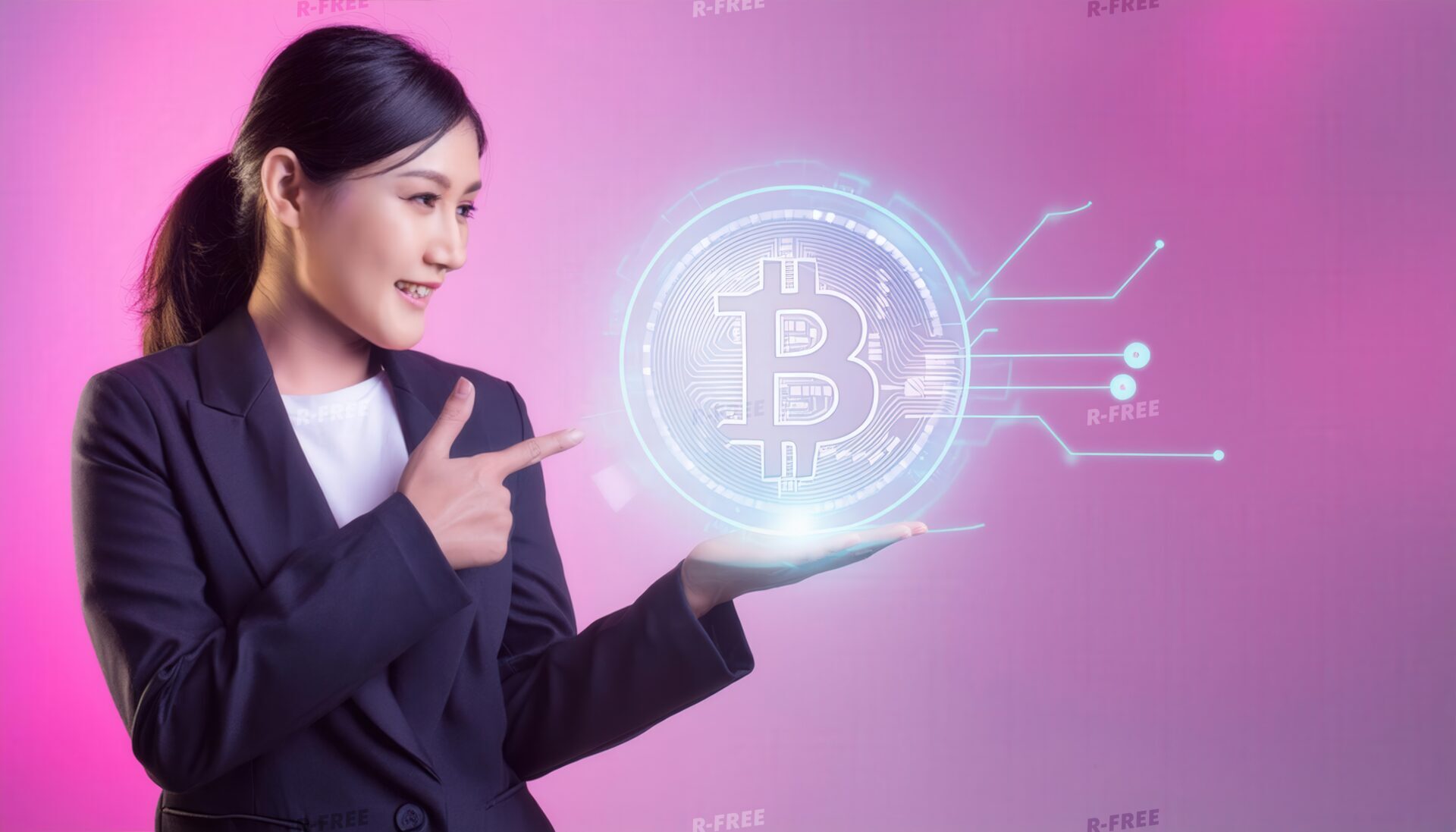 ピンクの背景でビットコインを指差すスーツの女性
