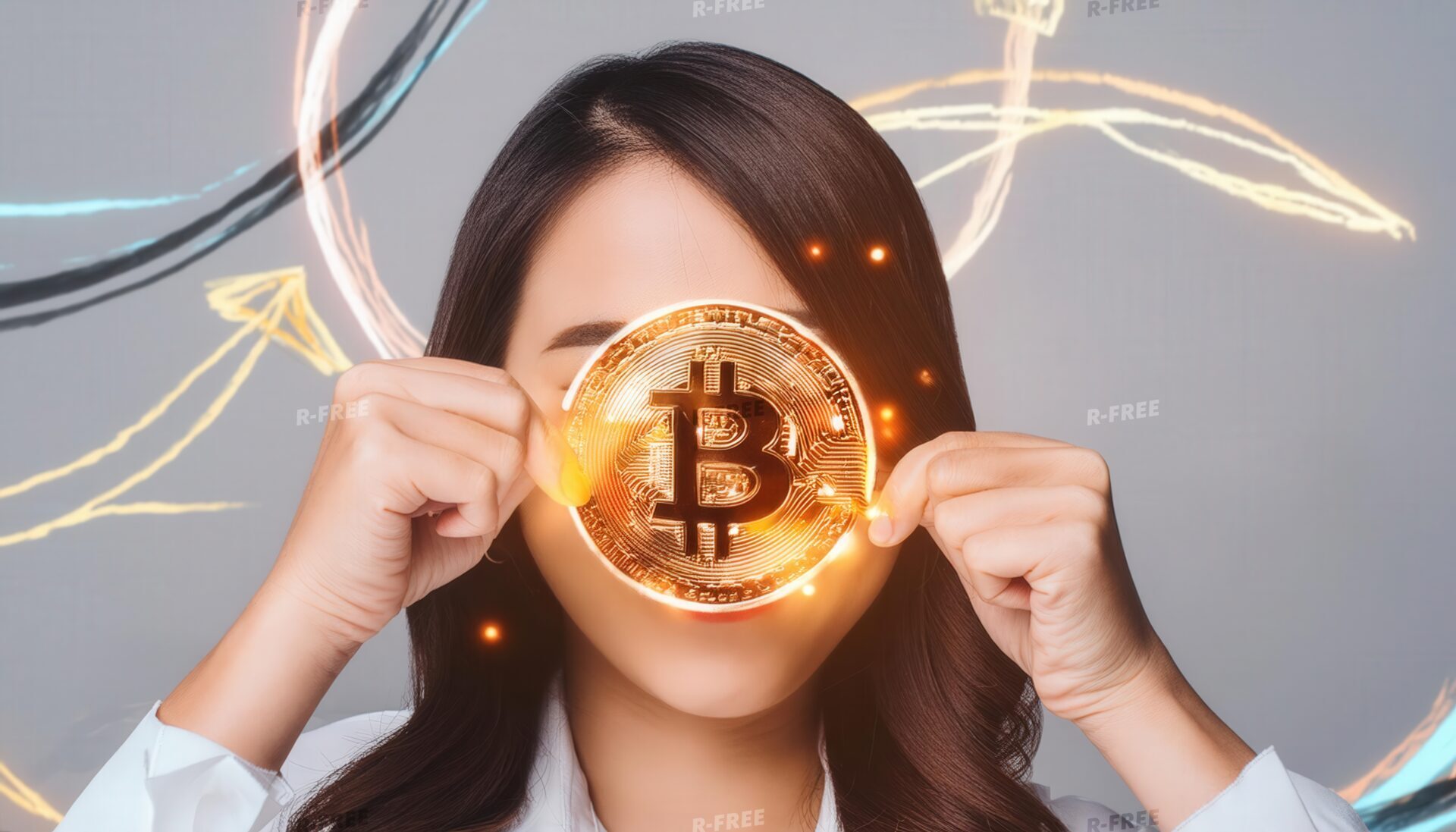 金色に輝くビットコインを持つ女性