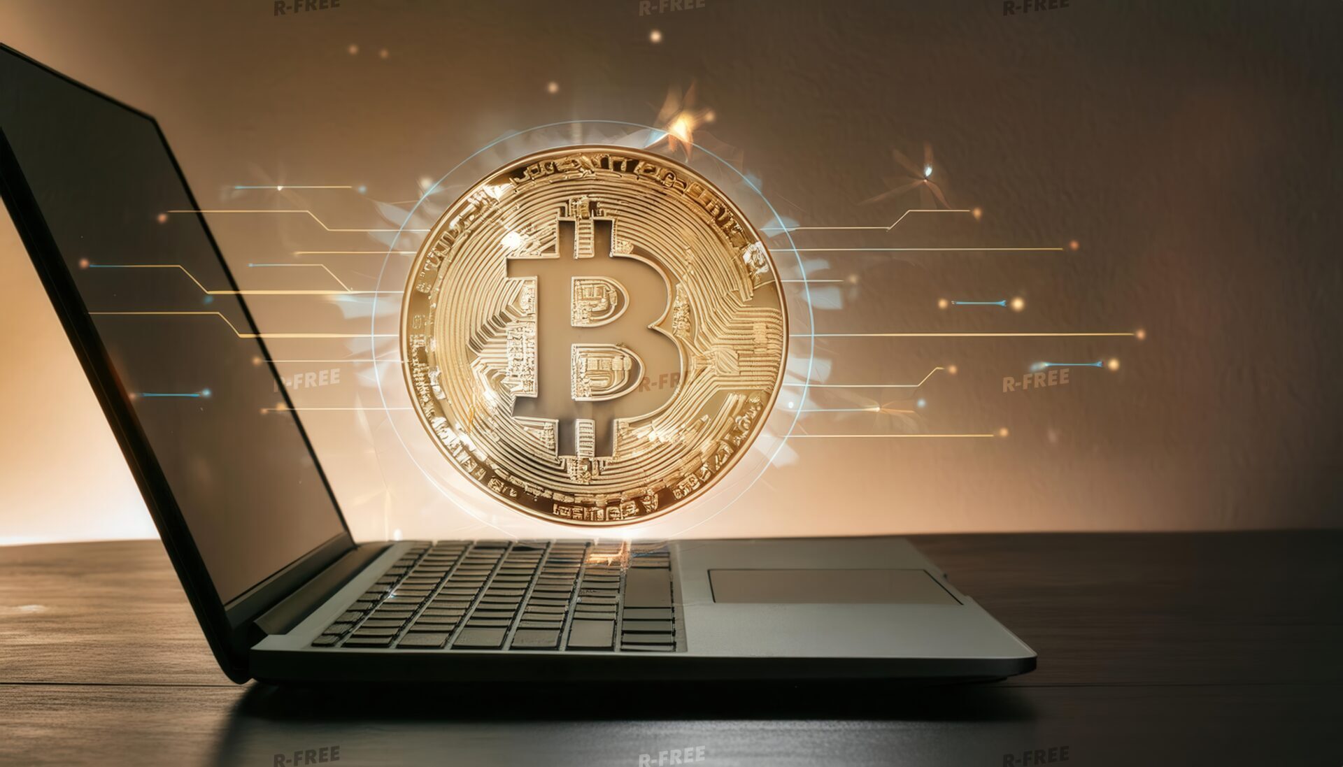 ラップトップ画面に浮かび上がるビットコイン