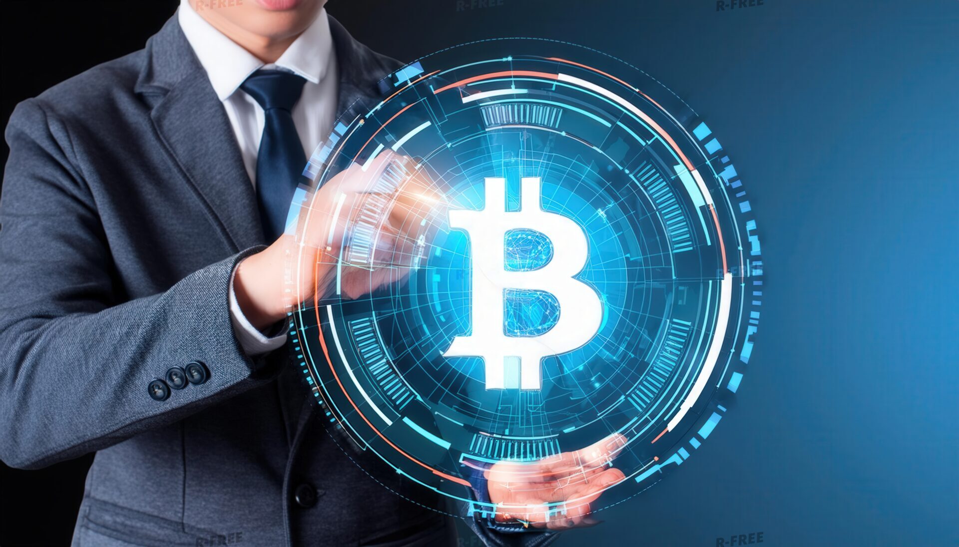 ビットコインのデジタルホログラムとスーツの男性