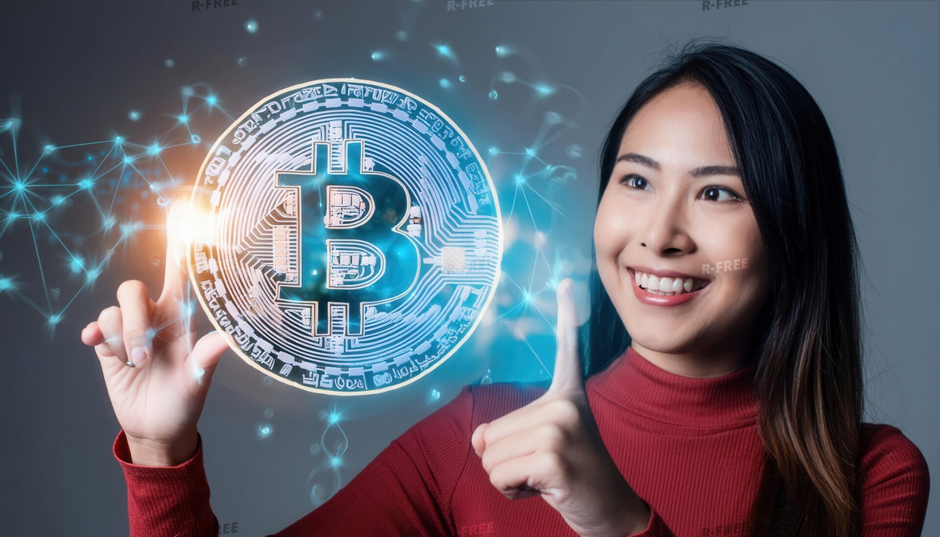 青い背景でビットコインを指差す女性