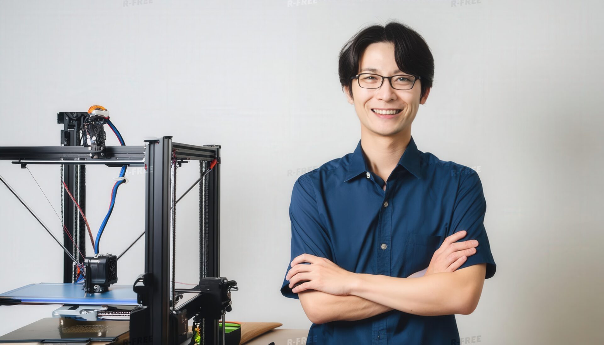 3Dプリンターと紺色シャツの男性