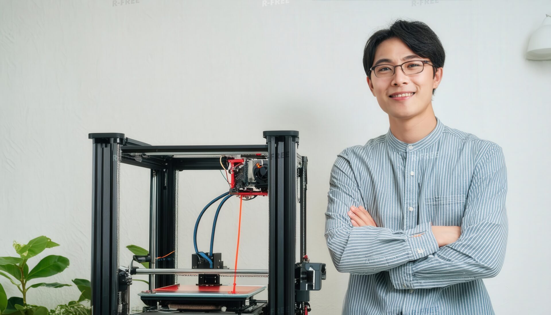 3Dプリンターとストライプシャツの男性