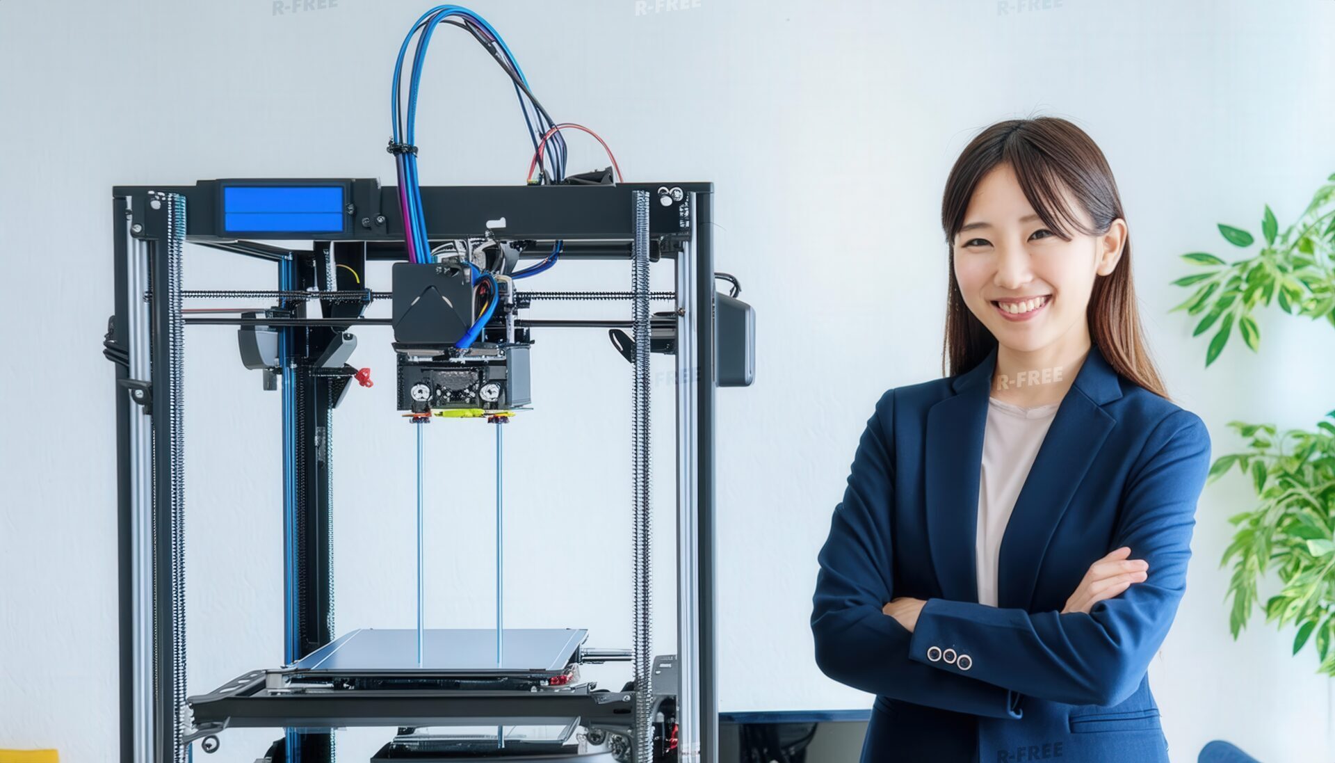3Dプリンターとスーツ姿の女性