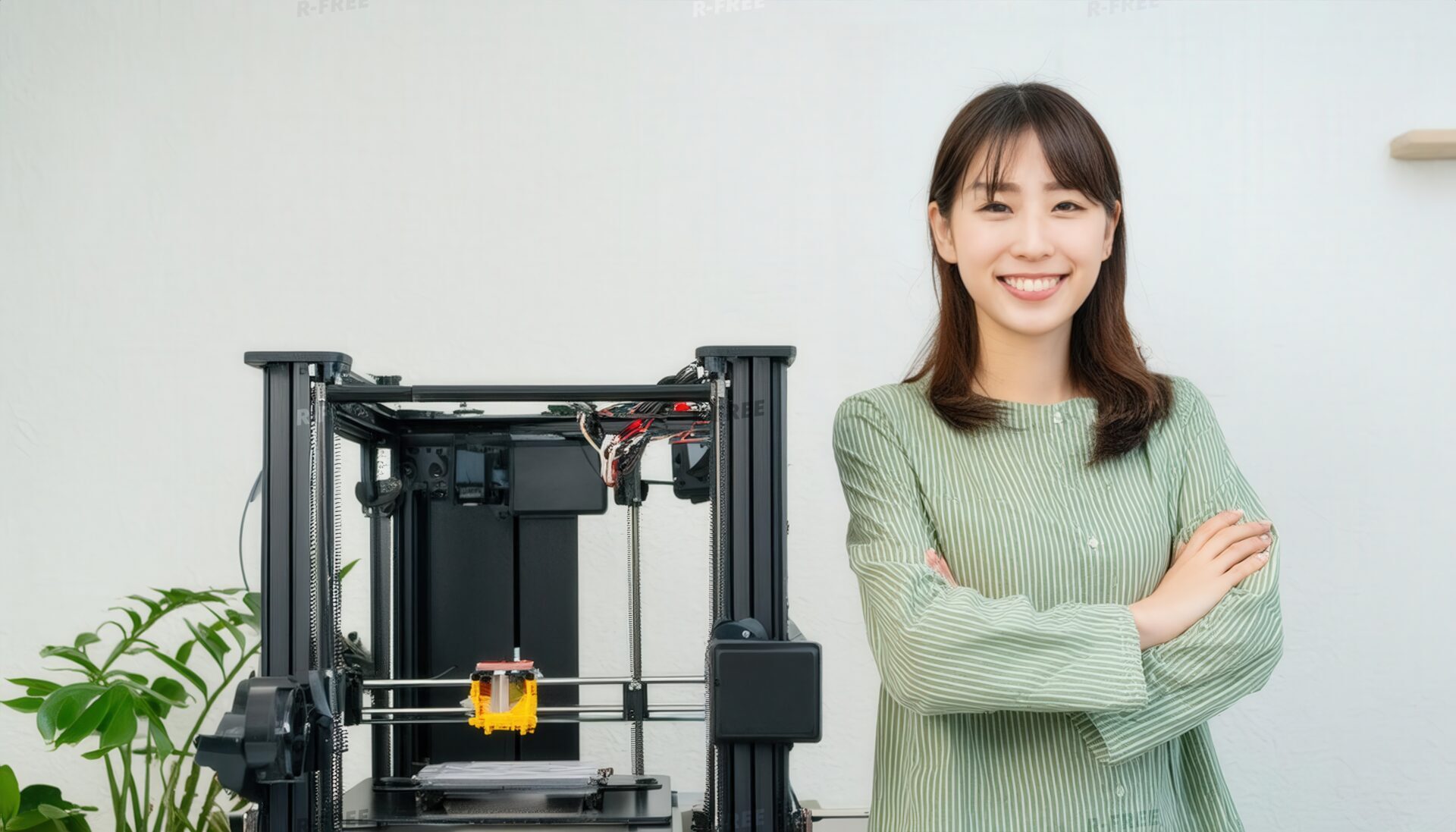 3Dプリンターと緑色のシャツを着た女性